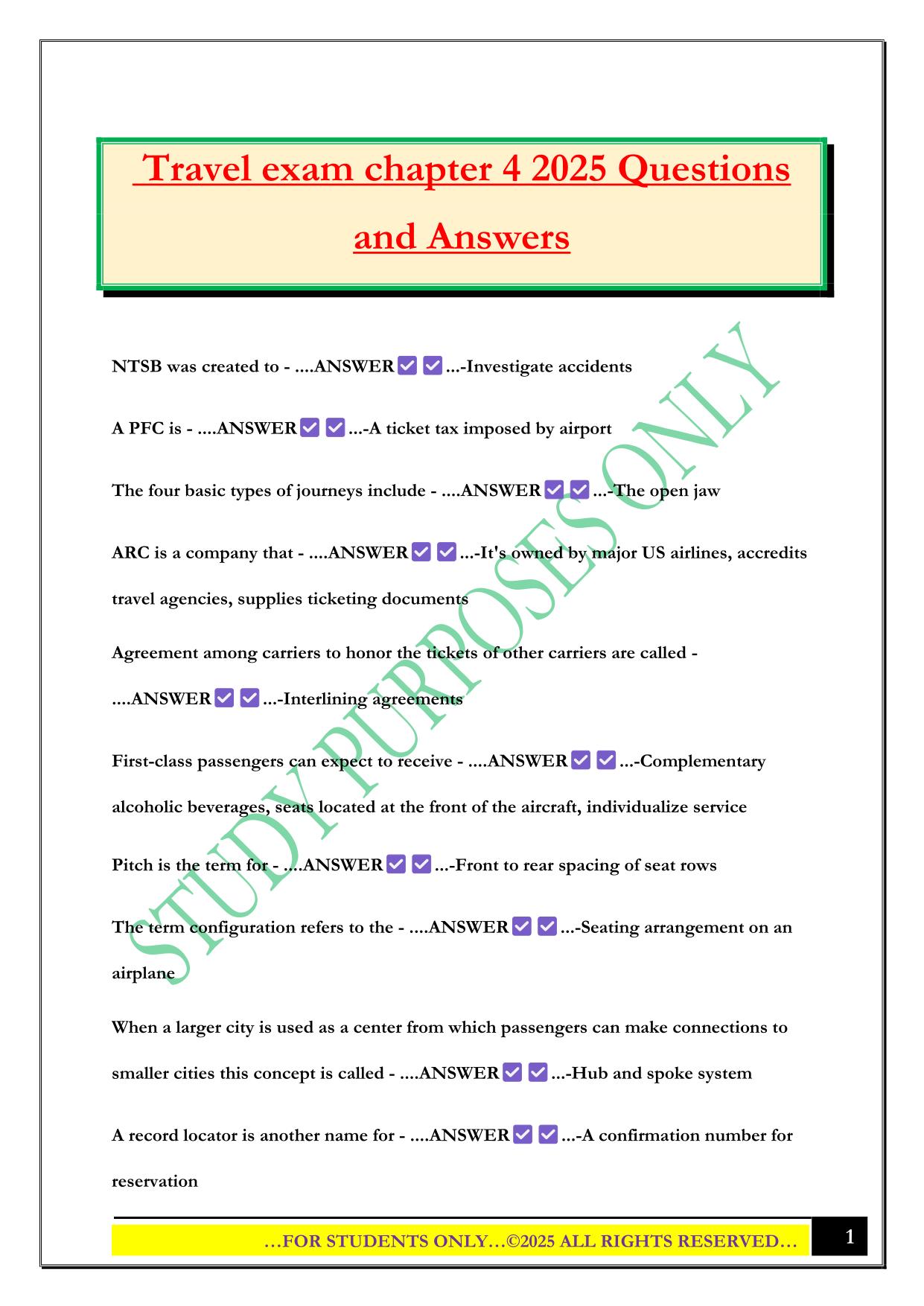Travel exam chapter 4 2025 Questions and Answers