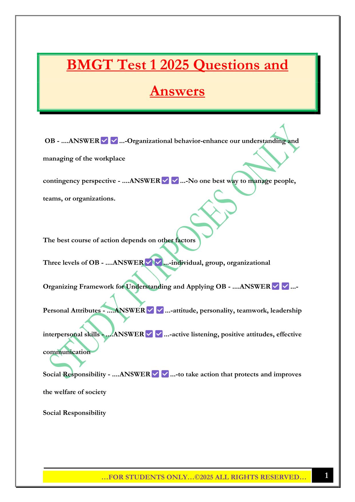 BMGT Test 1 2025 Questions and Answers