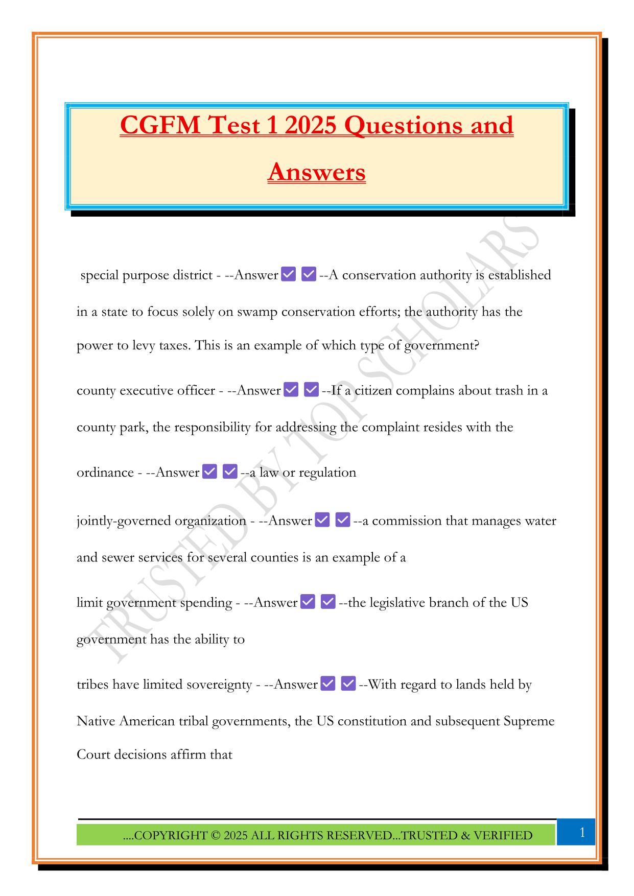 CGFM Test 1 2025 Questions and Answers