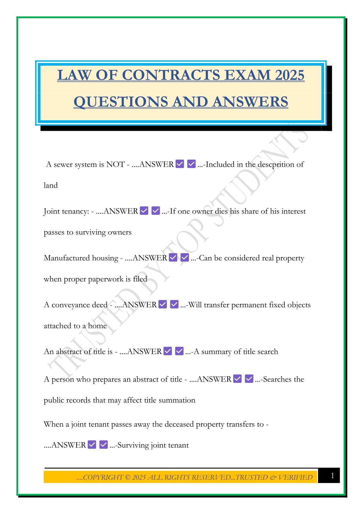 LAW OF CONTRACTS EXAM 2025 QUESTIONS AND ANSWERS