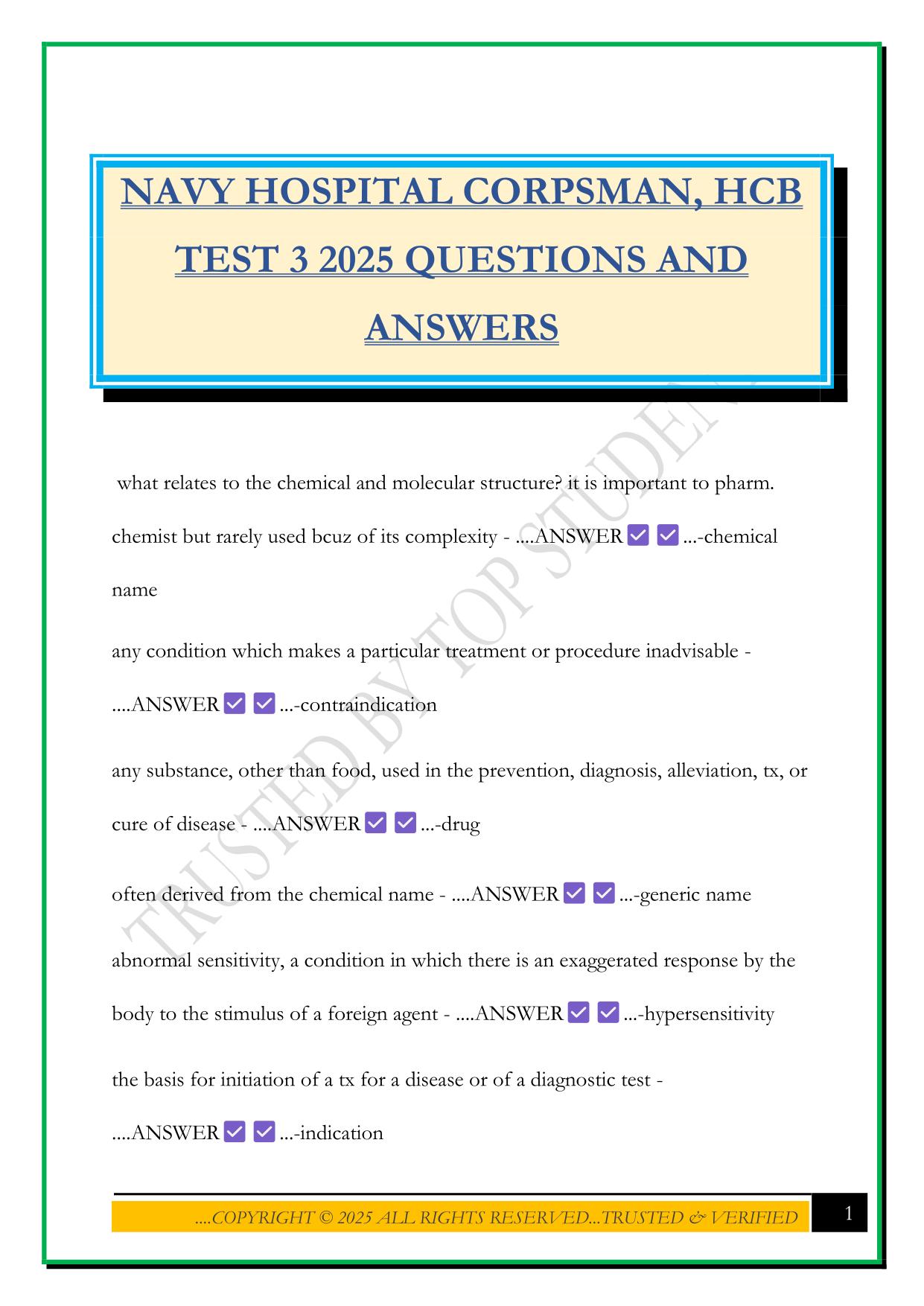 NAVY HOSPITAL CORPSMAN, HCB TEST 3 2025 QUESTIONS AND ANSWERS