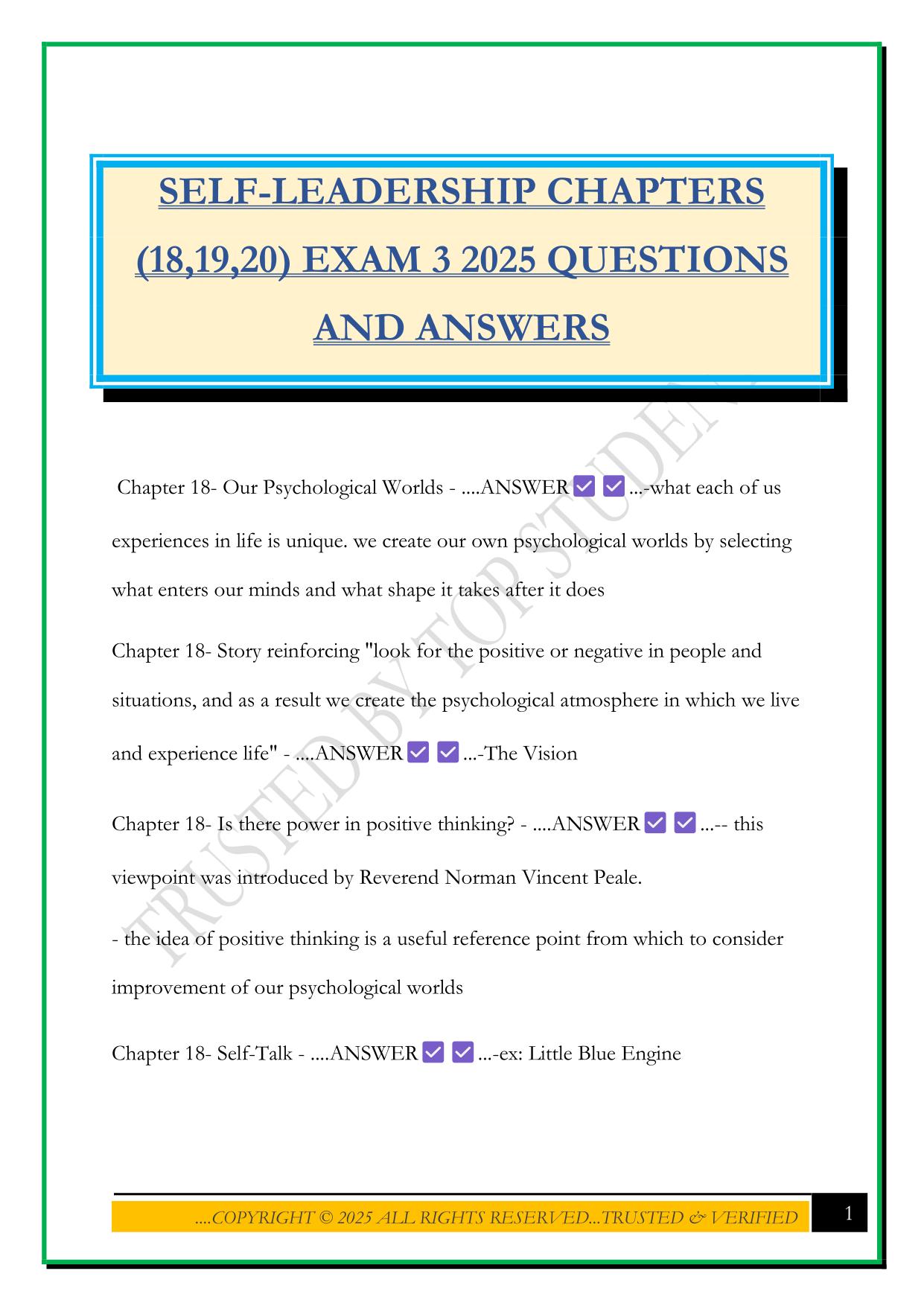 SELF-LEADERSHIP CHAPTERS (18,19,20) EXAM 3 2025 QUESTIONS AND ANSWERS