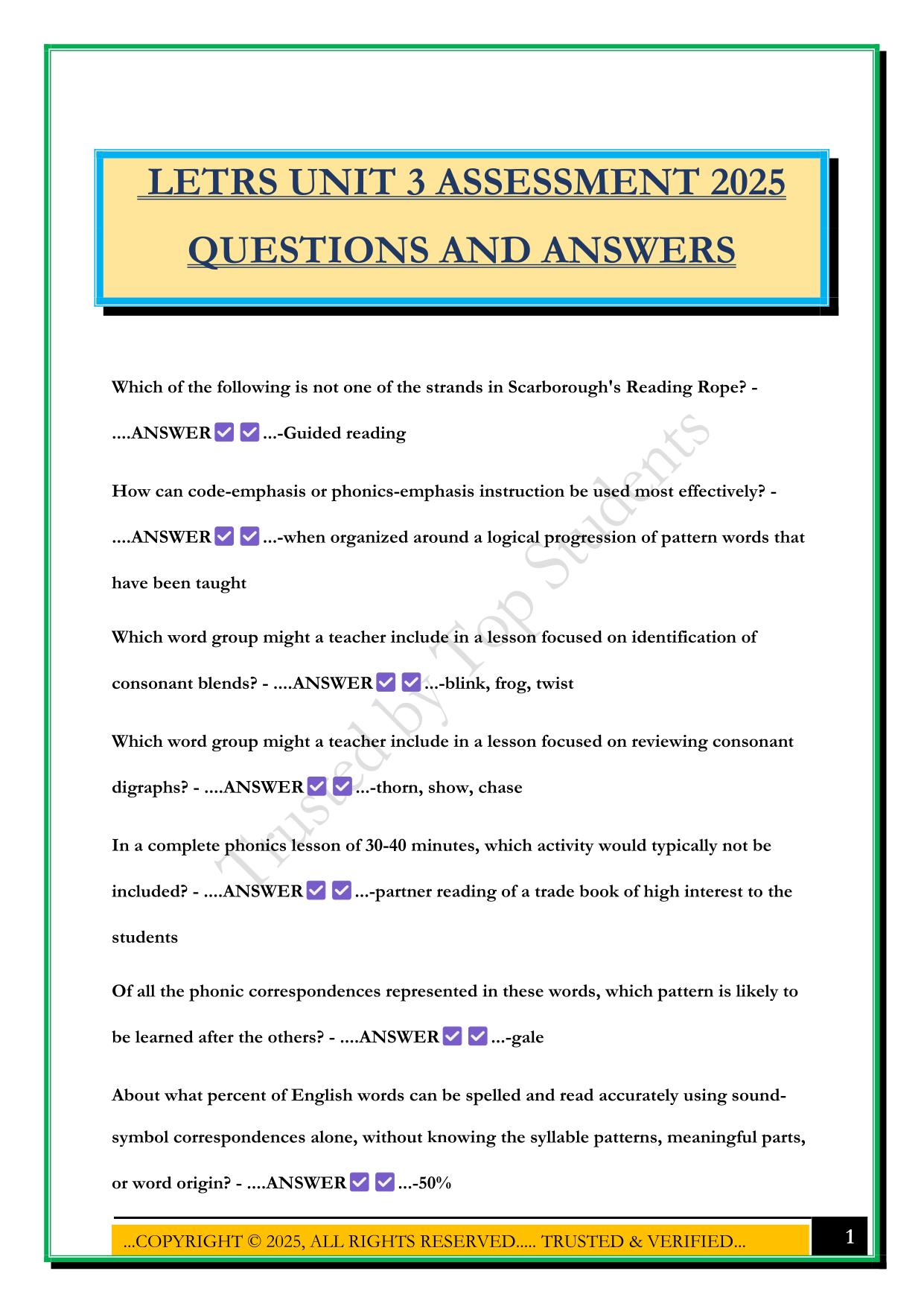 LETRS Bundled Exams Questions and Answers |100% Pass |Verified and Updated 