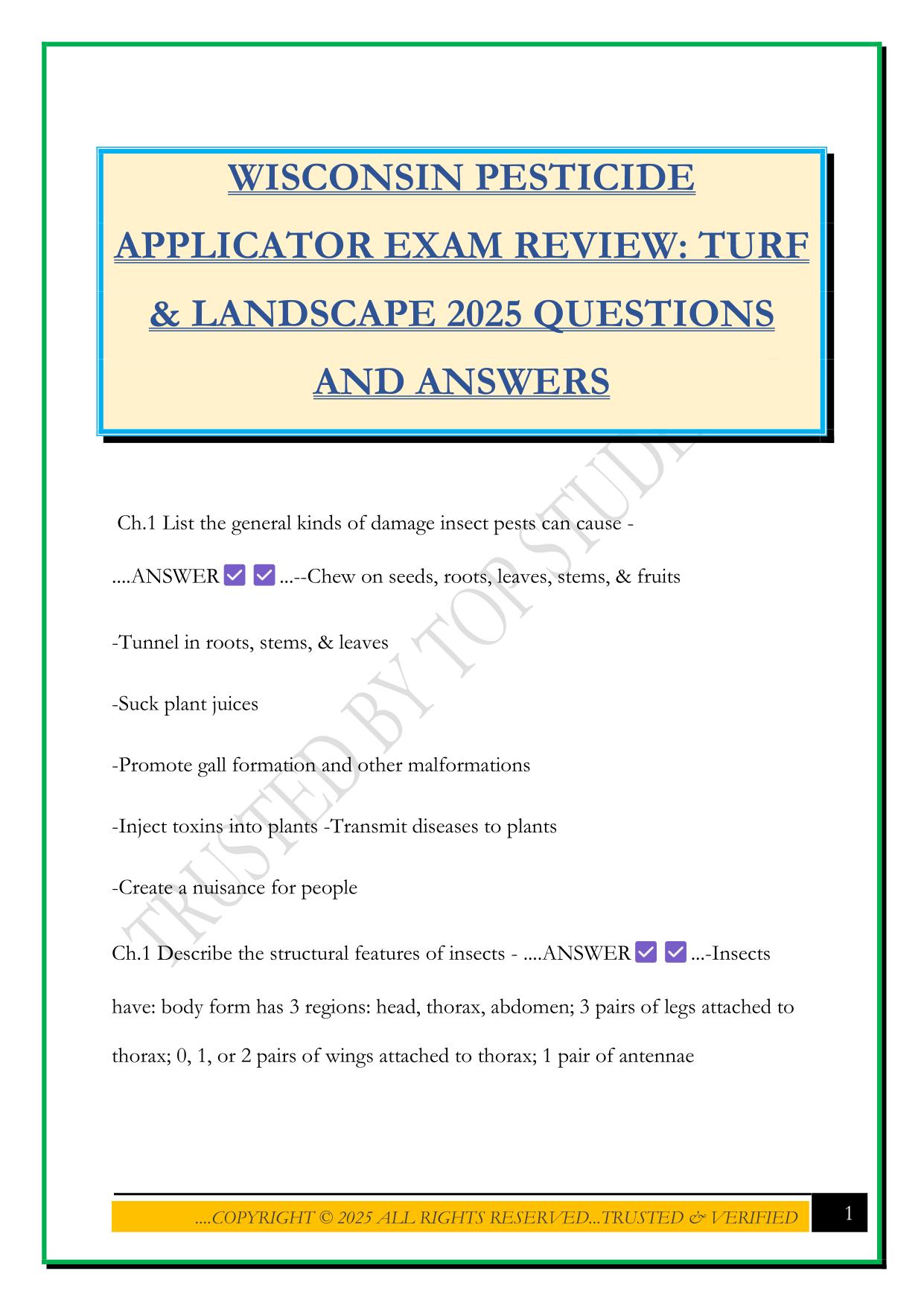 WISCONSIN PESTICIDE APPLICATOR EXAM REVIEW: TURF & LANDSCAPE 2025 QUESTIONS AND ANSWERS
