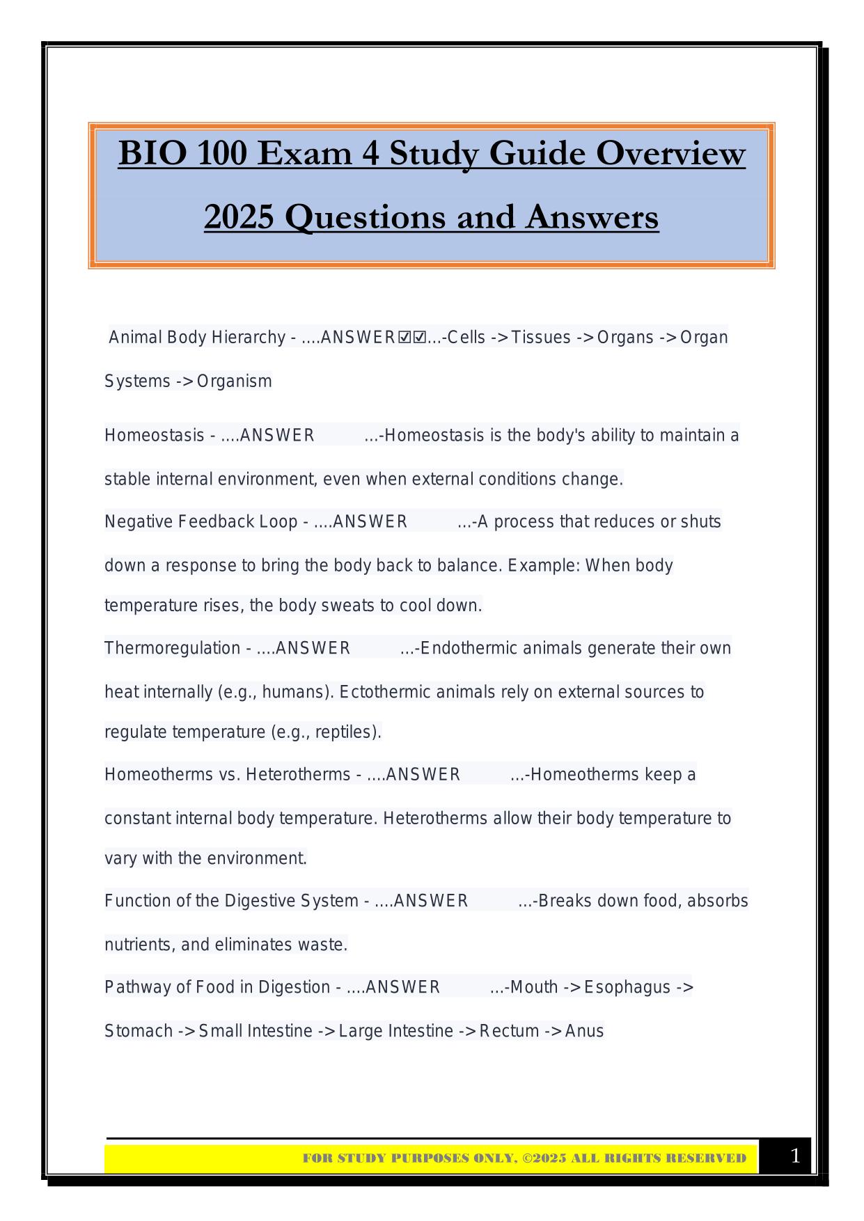 BIO 100 Exam 4 Study Guide Overview 2025 Questions and Answers