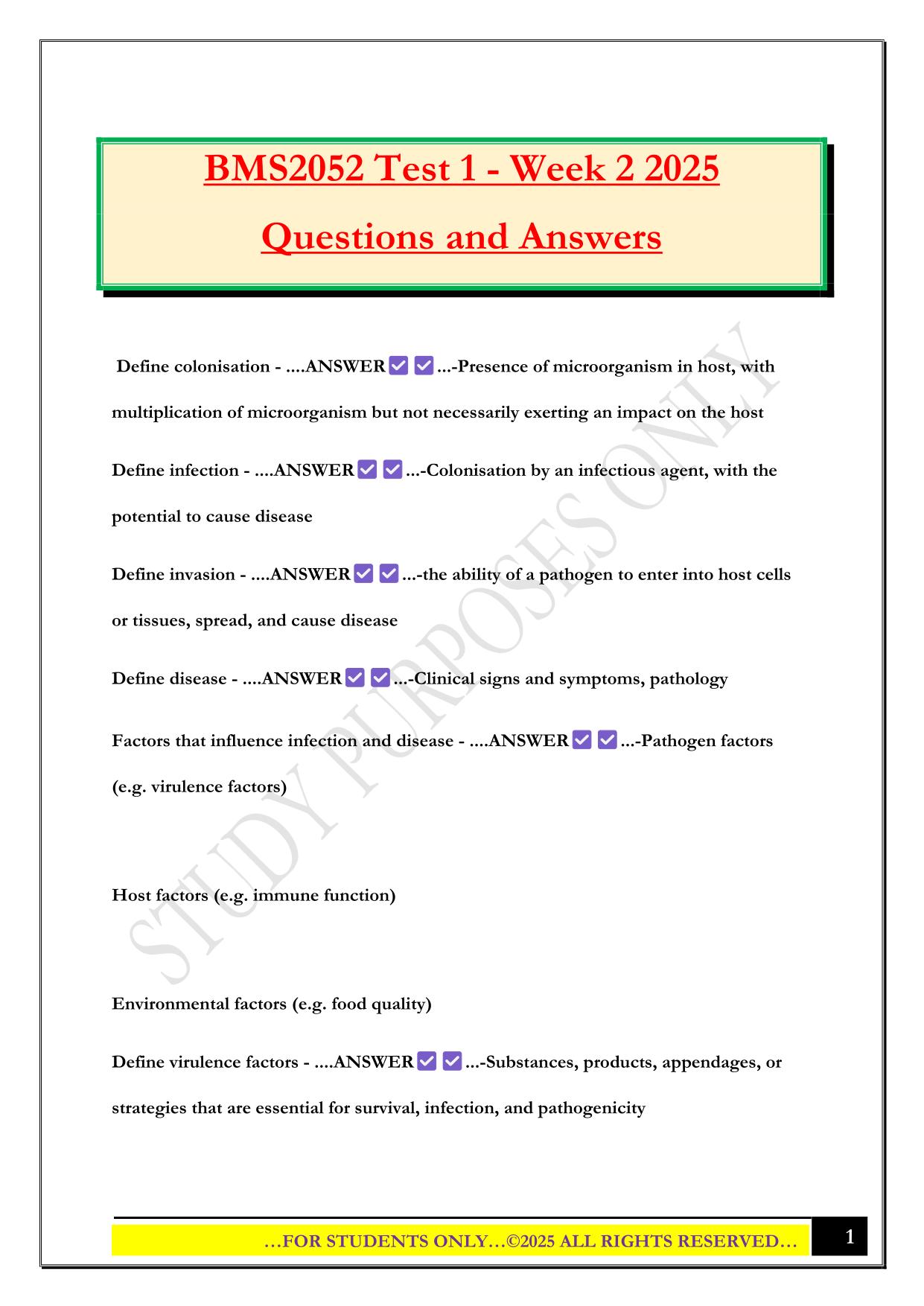 BMS2052 Test 1 - Week 2 2025 Questions and Answers