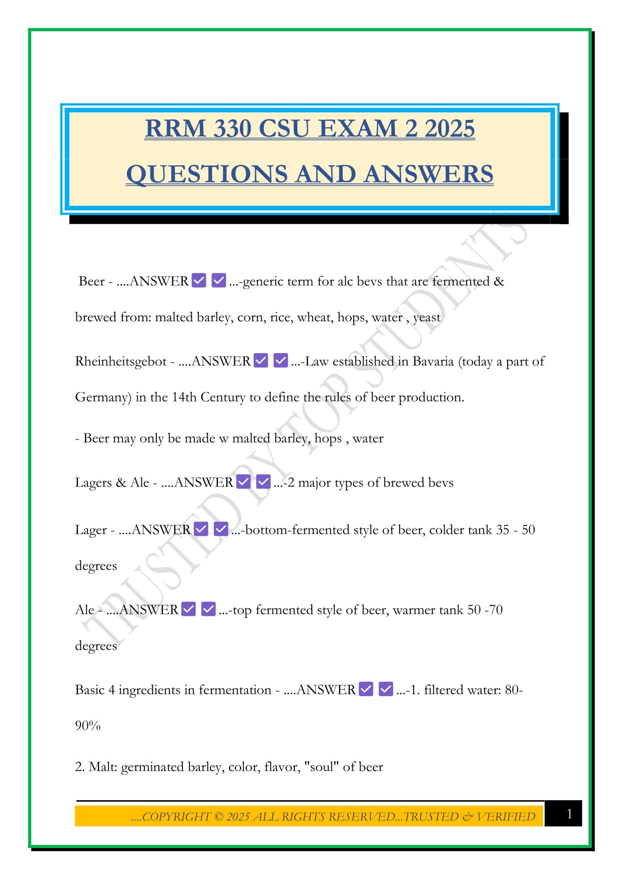 RRM 330 CSU EXAM 2 2025 QUESTIONS AND ANSWERS