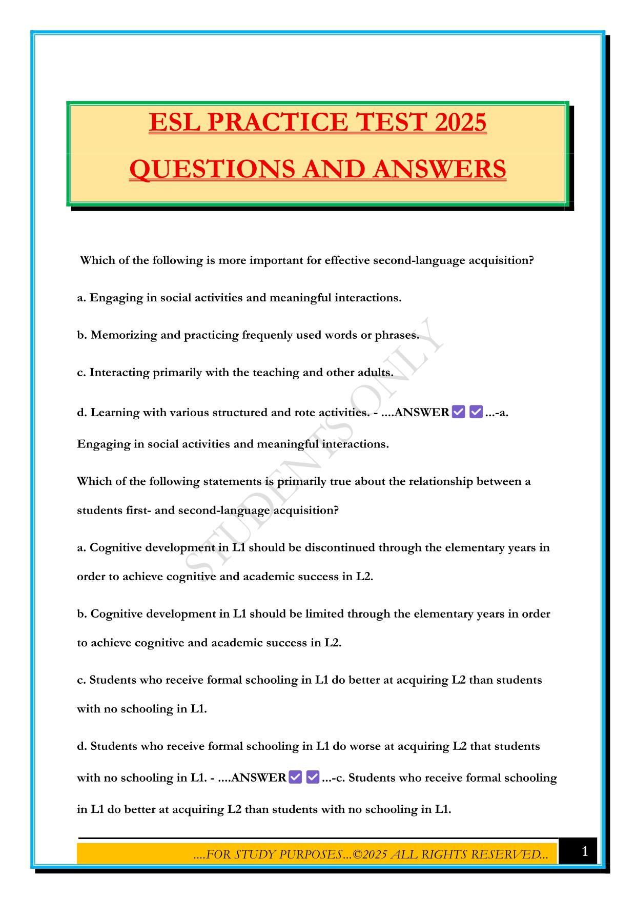ESL PRACTICE TEST 2025 QUESTIONS AND ANSWERS