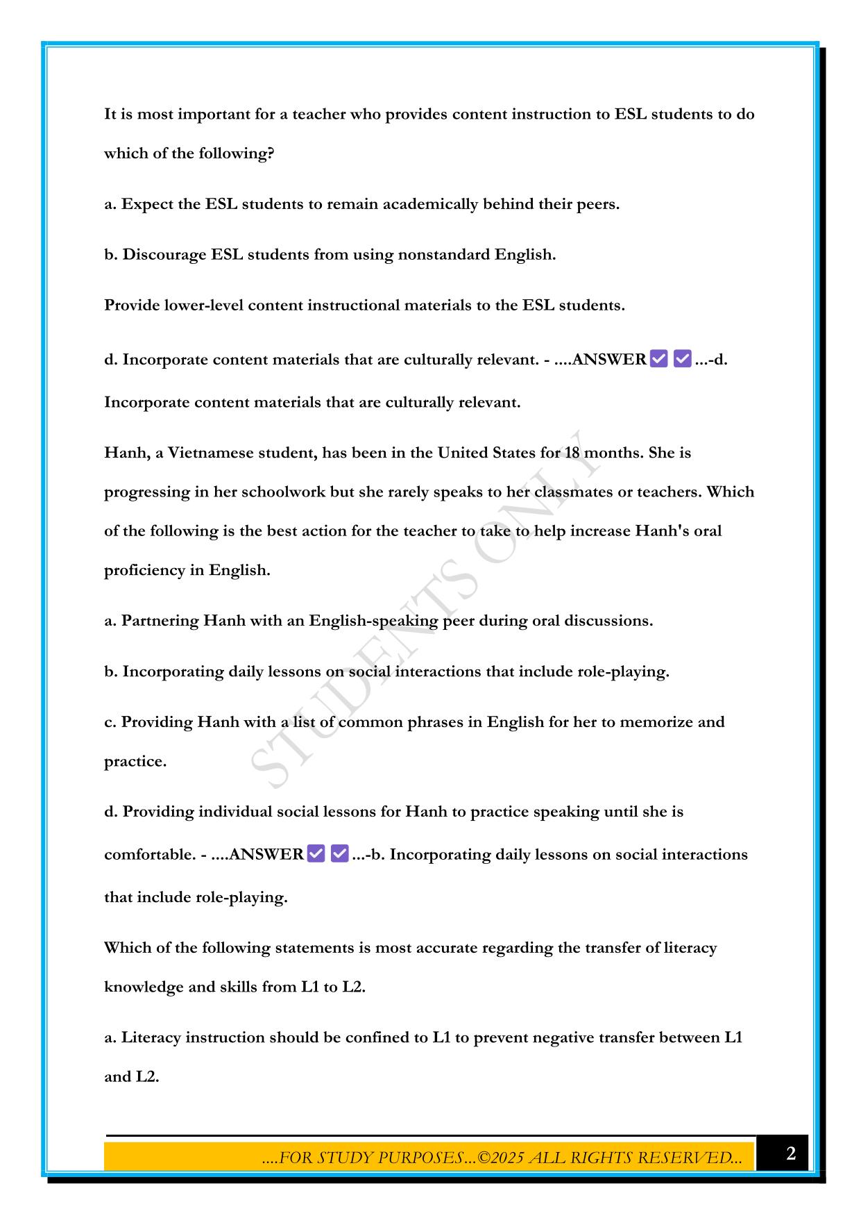 ESL PRACTICE TEST 2025 QUESTIONS AND ANSWERS