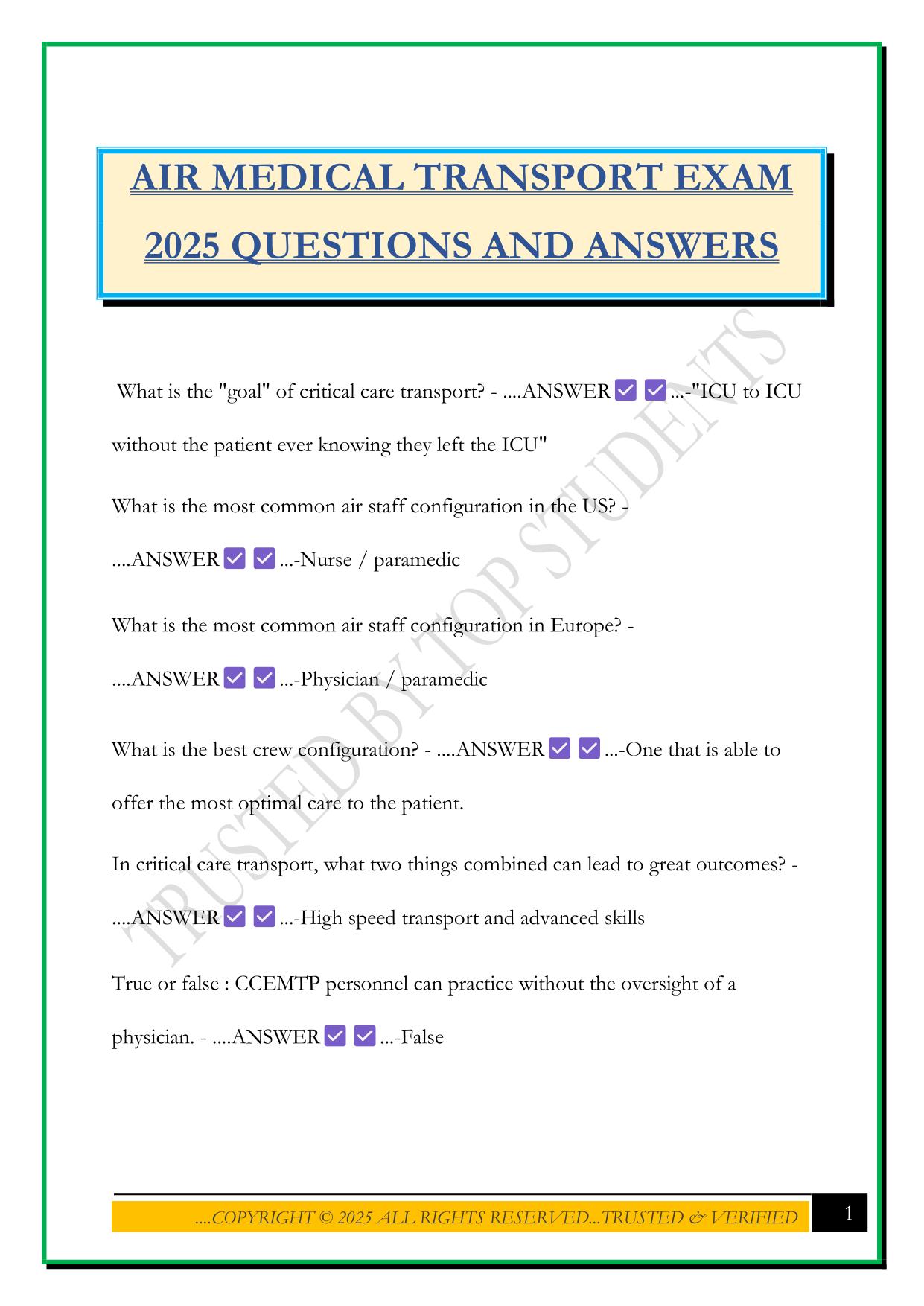 AIR MEDICAL TRANSPORT EXAM 2025 QUESTIONS AND ANSWERS
