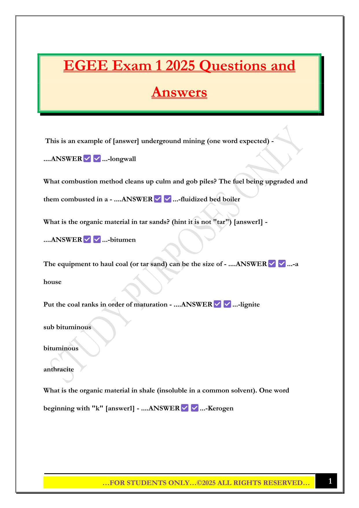 EGEE Exam 1 2025 Questions and Answers