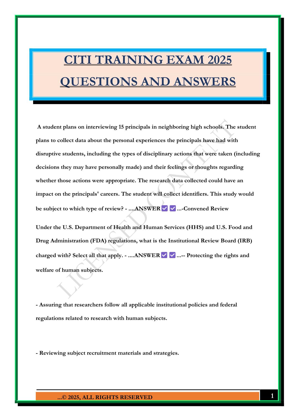 CITI TRAINING EXAM 2025 QUESTIONS AND ANSWERS