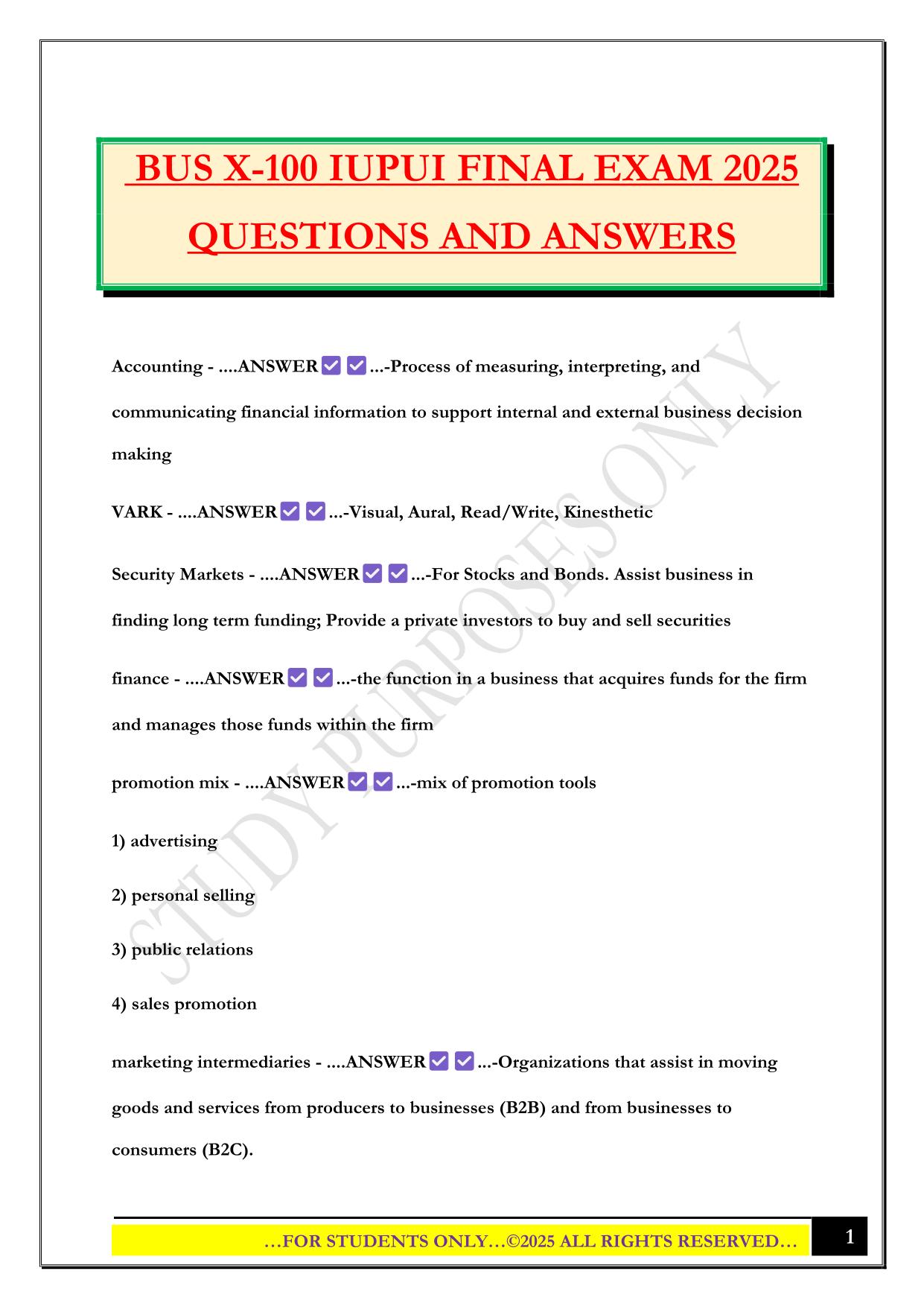 BUS X-100 IUPUI FINAL EXAM 2025 QUESTIONS AND ANSWERS