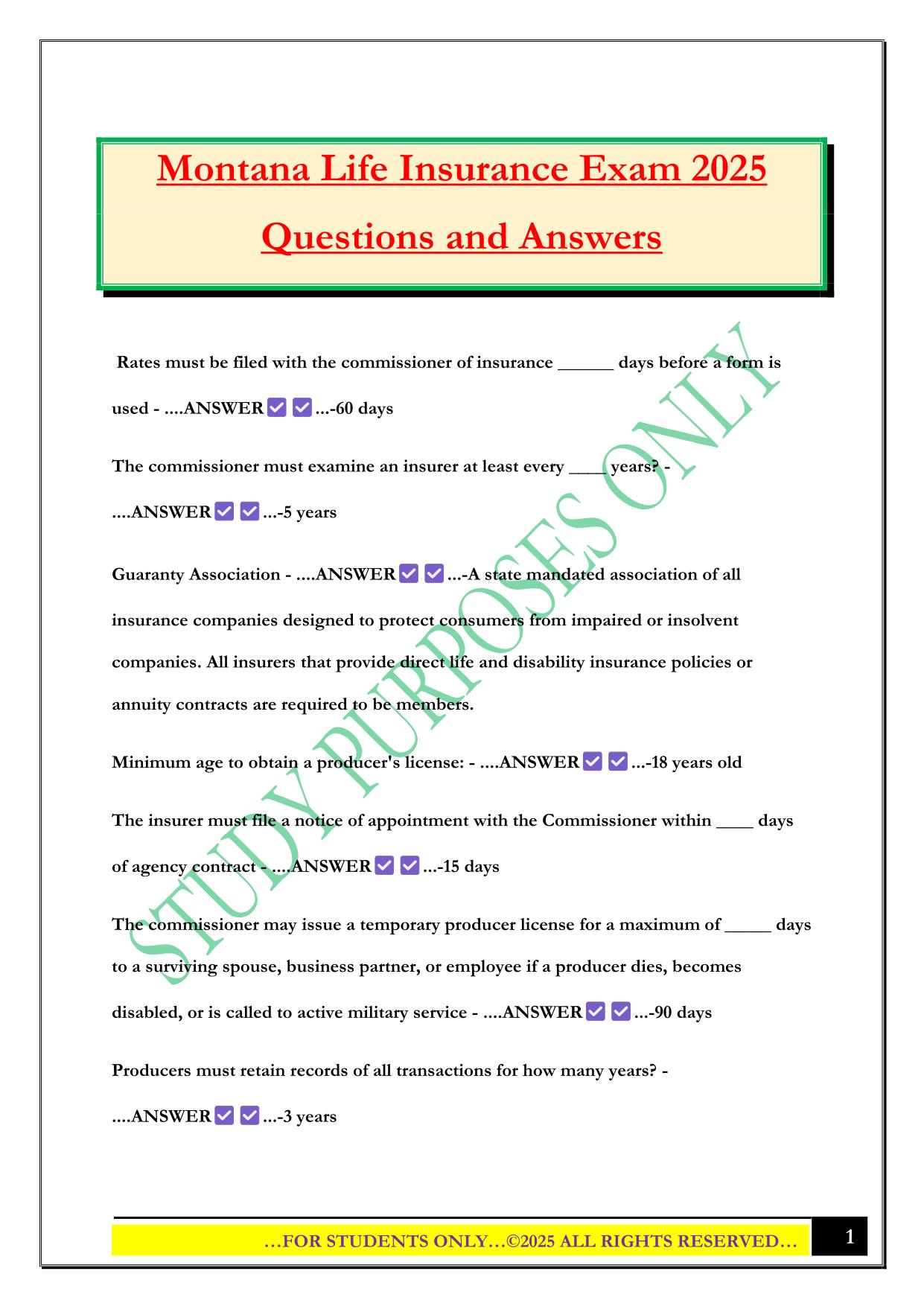 Montana Life Insurance Exam 2025 Questions and Answers