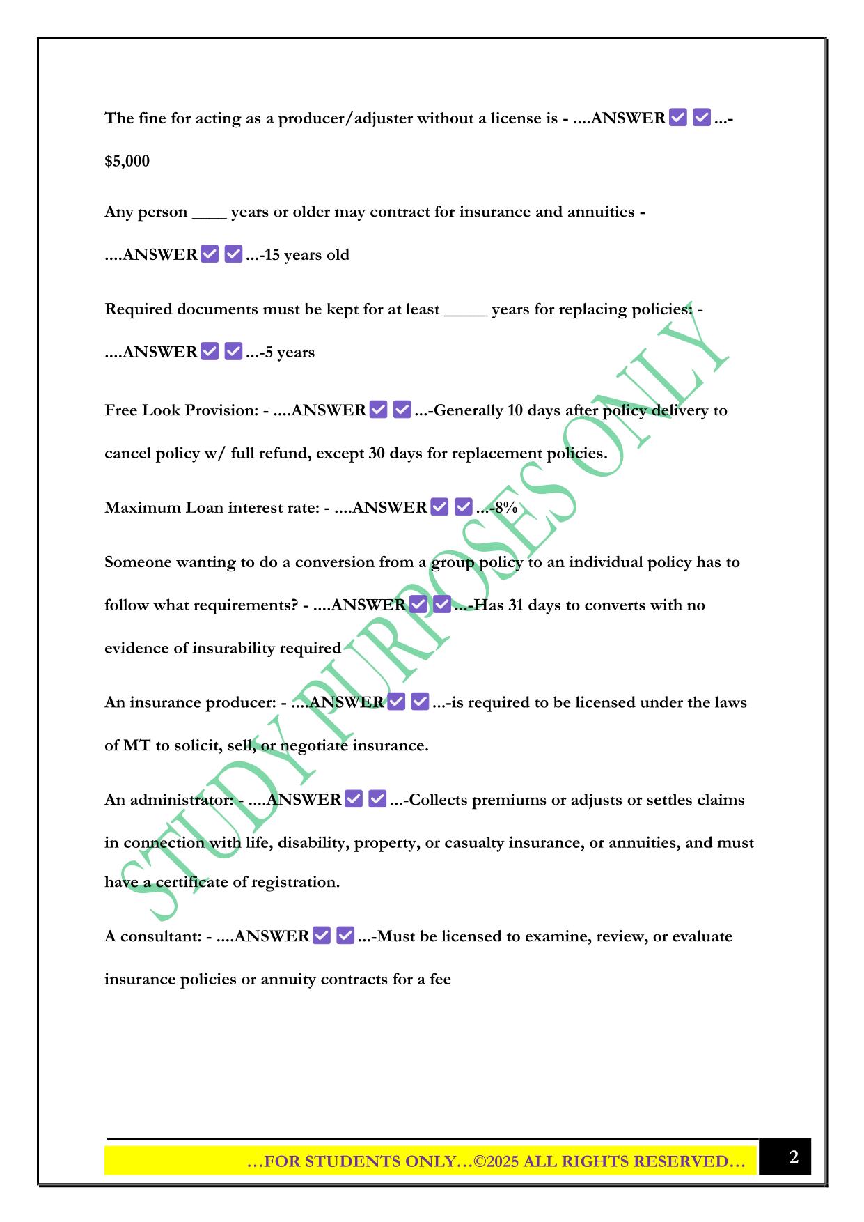 Montana Life Insurance Exam 2025 Questions and Answers