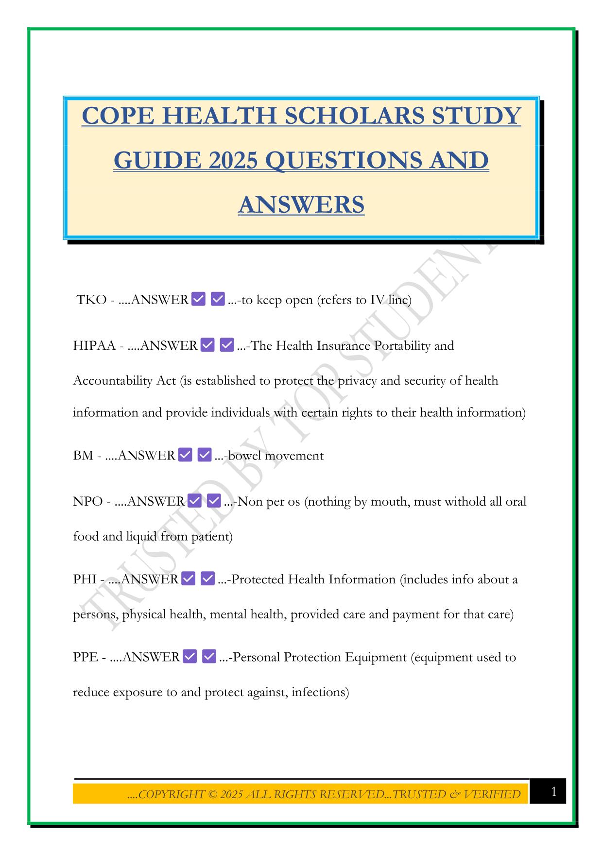 COPE HEALTH SCHOLARS STUDY GUIDE 2025 QUESTIONS AND ANSWERS