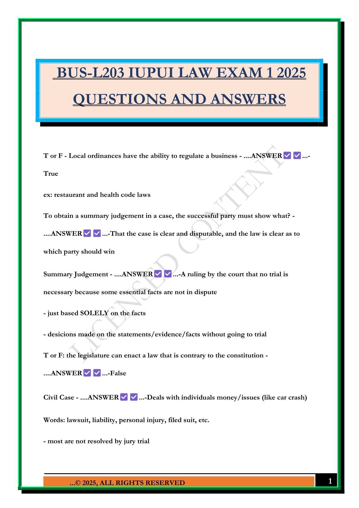 BUS-L203 IUPUI LAW EXAM 1 2025 QUESTIONS AND ANSWERS