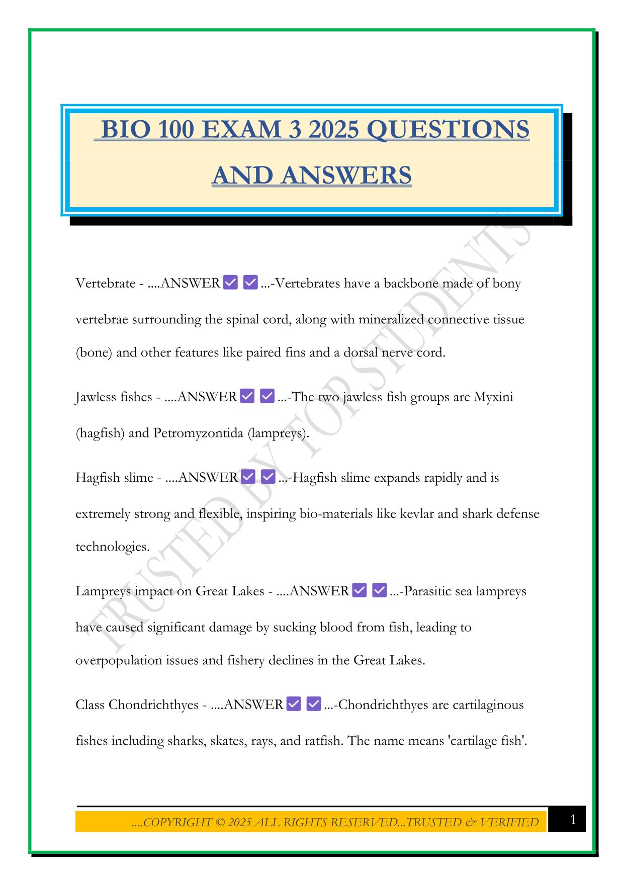 BIO 100 EXAM 3 2025 QUESTIONS AND ANSWERS