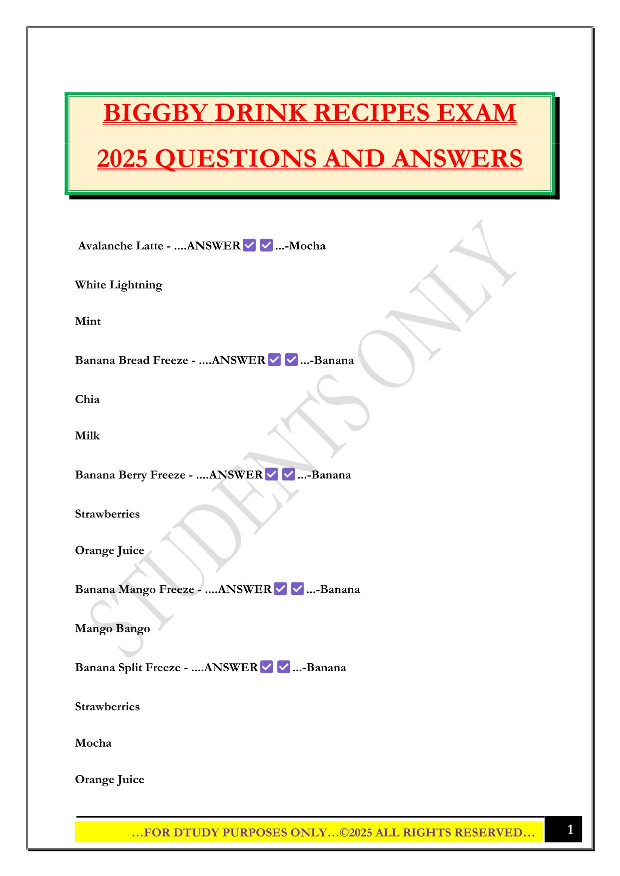 BIGGBY DRINK RECIPES EXAM 2025 QUESTIONS AND ANSWERS