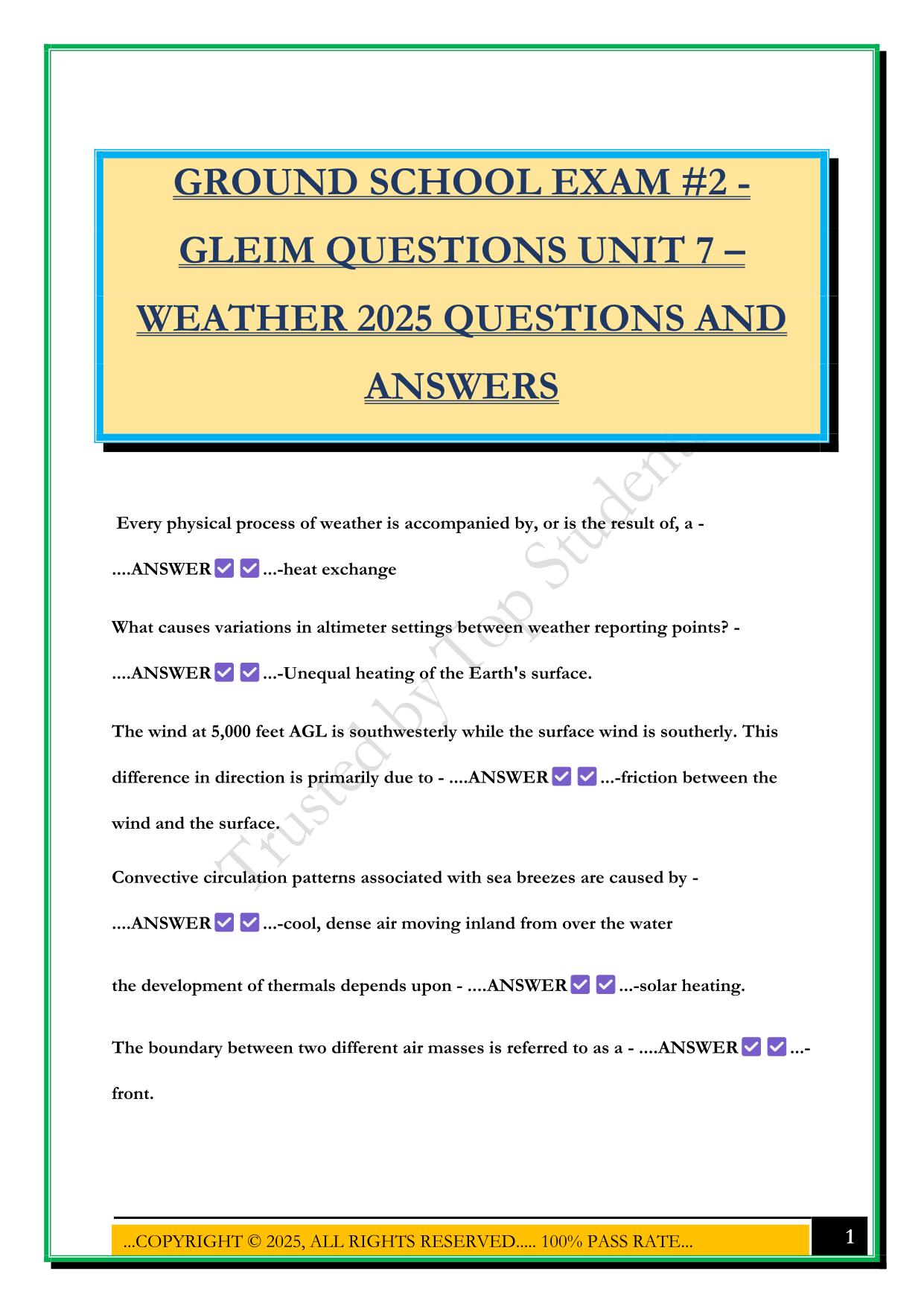 GROUND SCHOOL EXAM #2 - GLEIM QUESTIONS UNIT 7 – WEATHER 2025 QUESTIONS AND ANSWERS