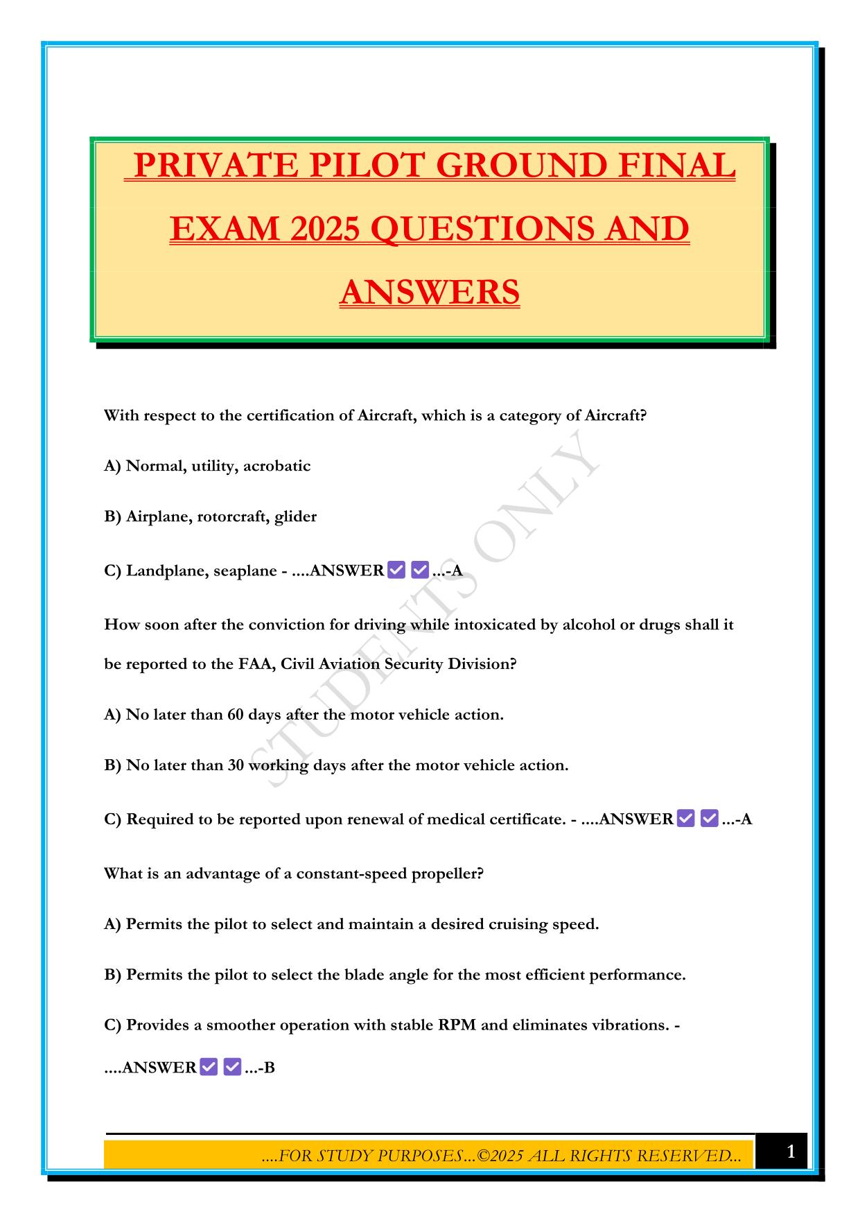 PRIVATE PILOT GROUND FINAL EXAM 2025 QUESTIONS AND ANSWERS