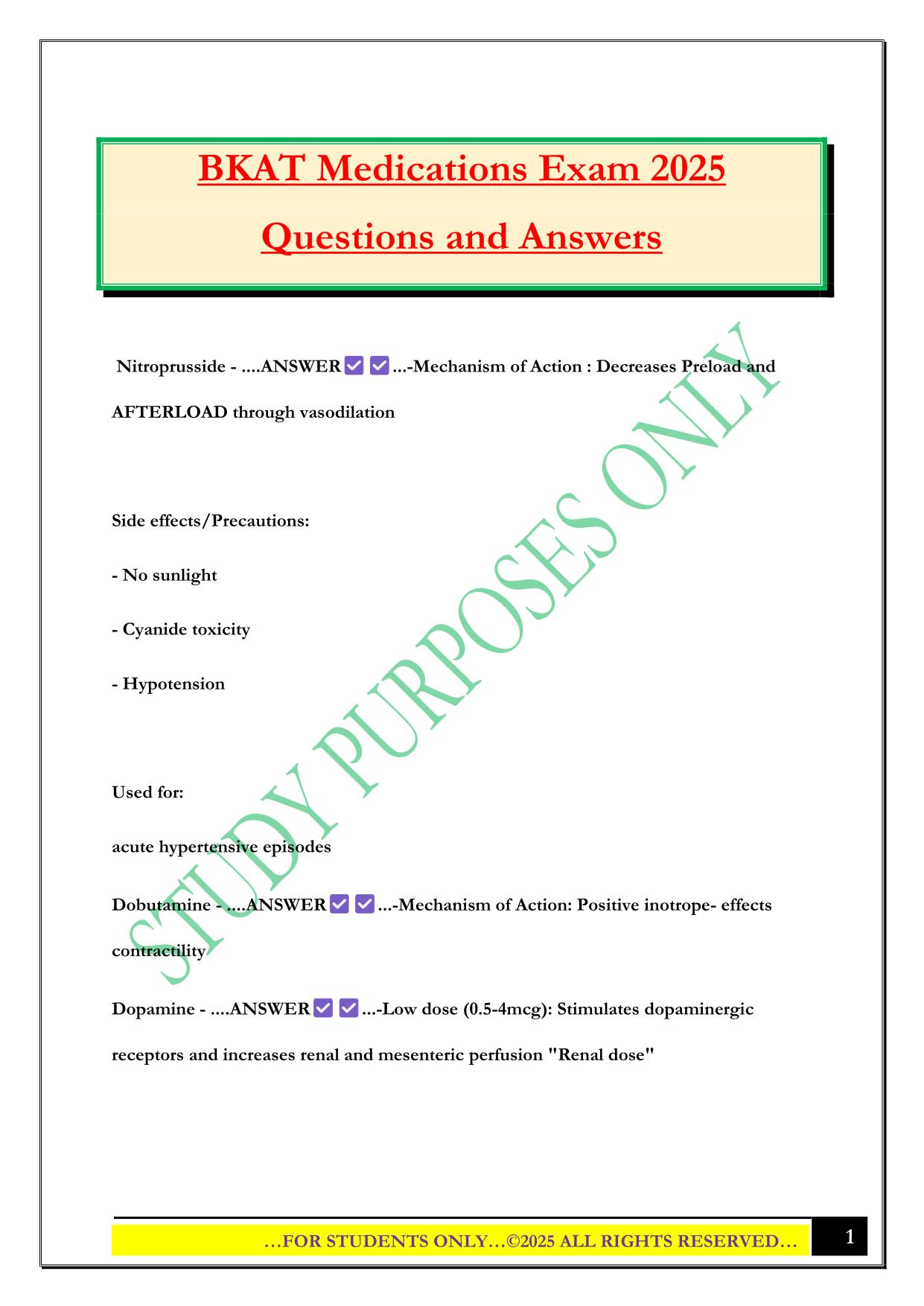 BKAT Medications Exam 2025 Questions and Answers