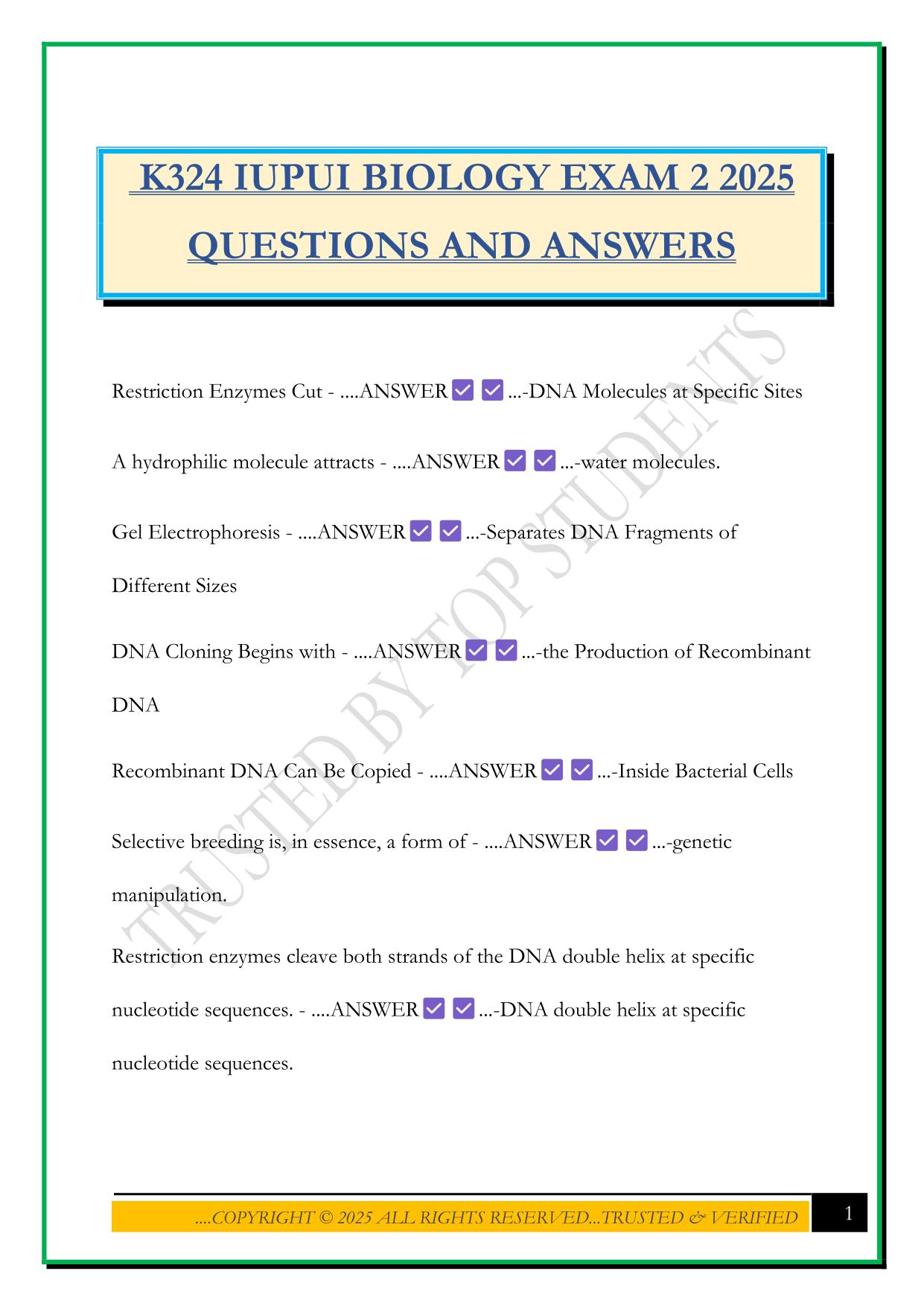 K324 IUPUI BIOLOGY EXAM 2 2025 QUESTIONS AND ANSWERS