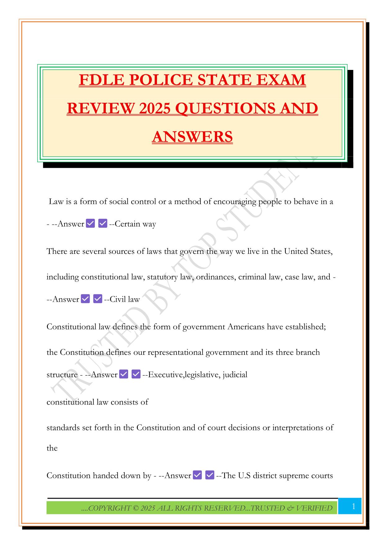 FDLE POLICE STATE EXAM REVIEW 2025 QUESTIONS AND ANSWERS