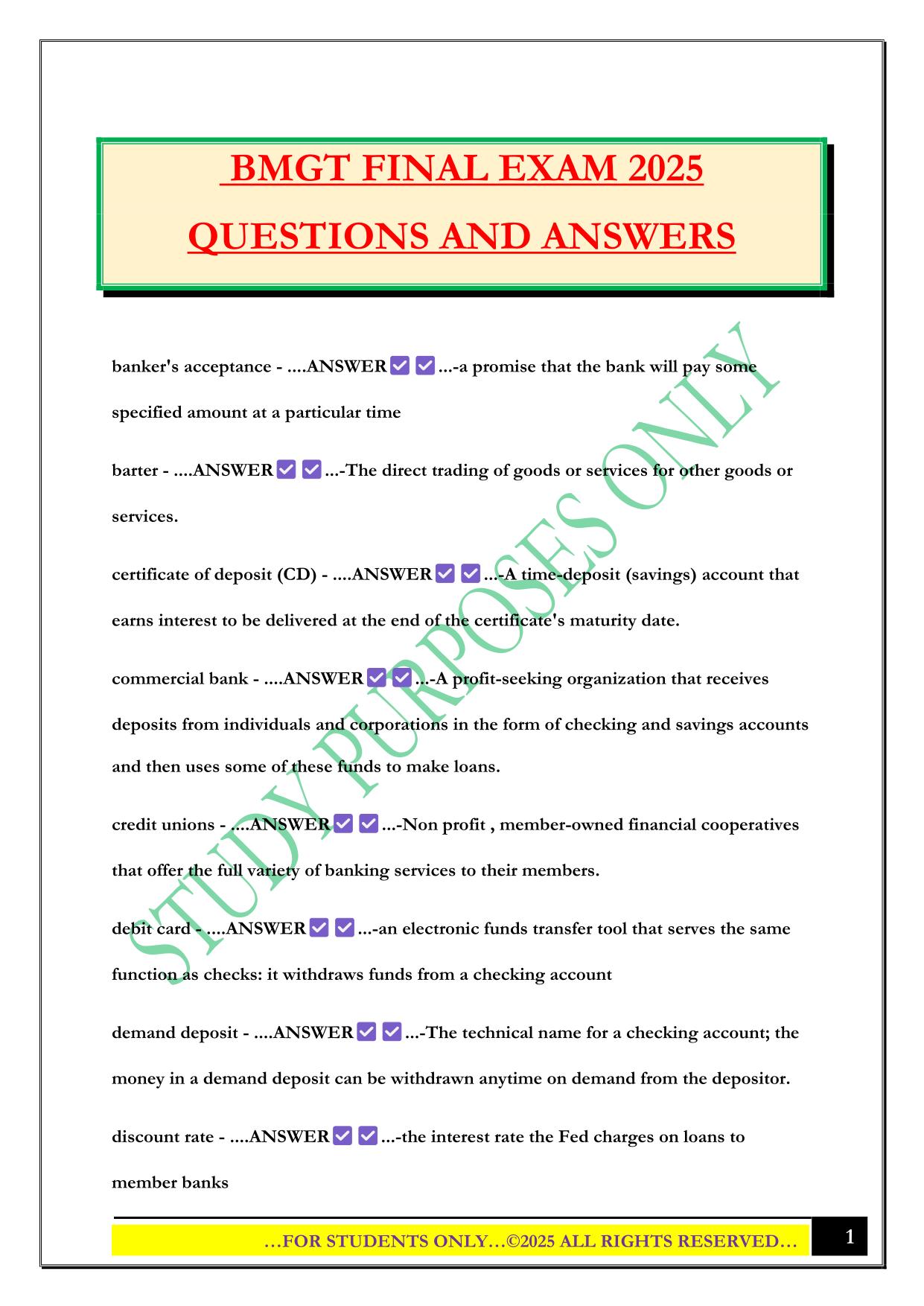 BMGT FINAL EXAM 2025 QUESTIONS AND ANSWERS
