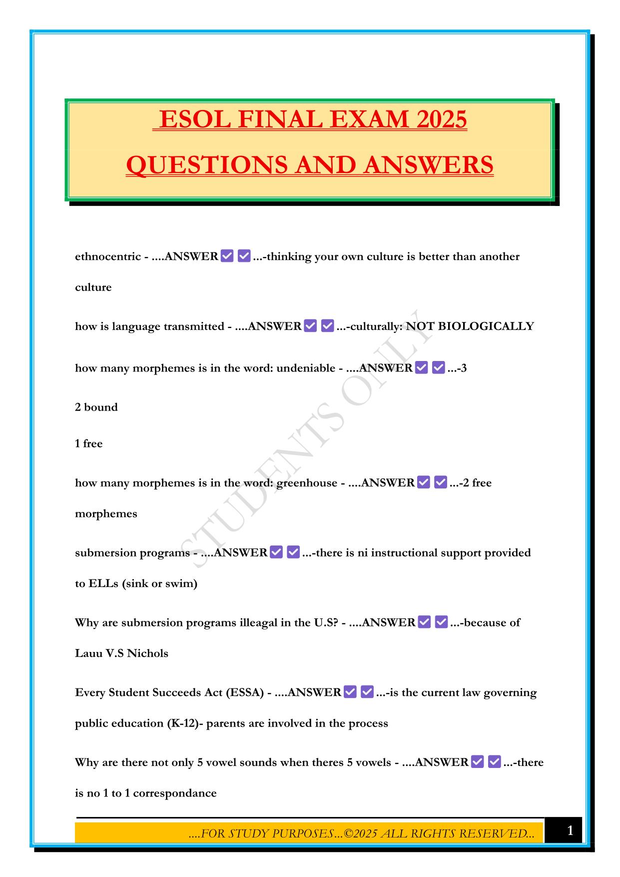 ESOL FINAL EXAM 2025 QUESTIONS AND ANSWERS