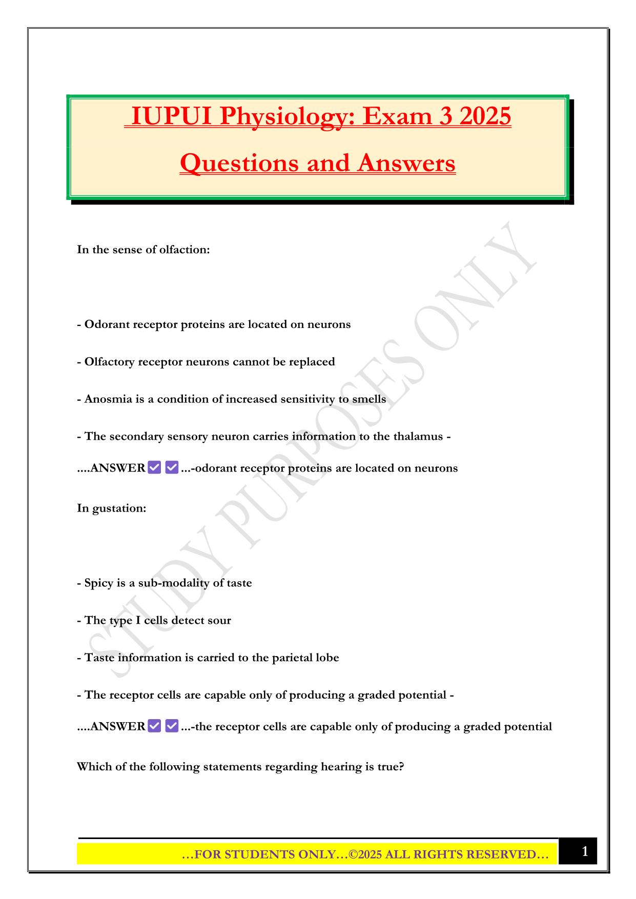 IUPUI Physiology: Exam 3 2025 Questions and Answers