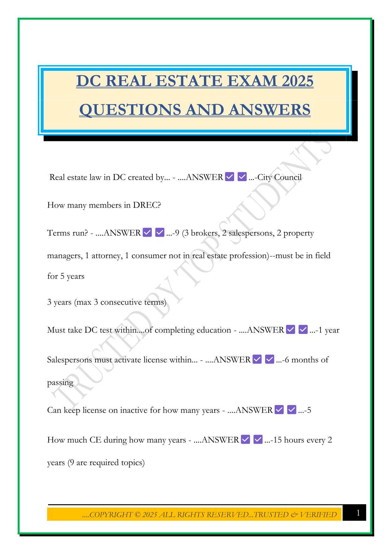 DC REAL ESTATE EXAM 2025 QUESTIONS AND ANSWERS