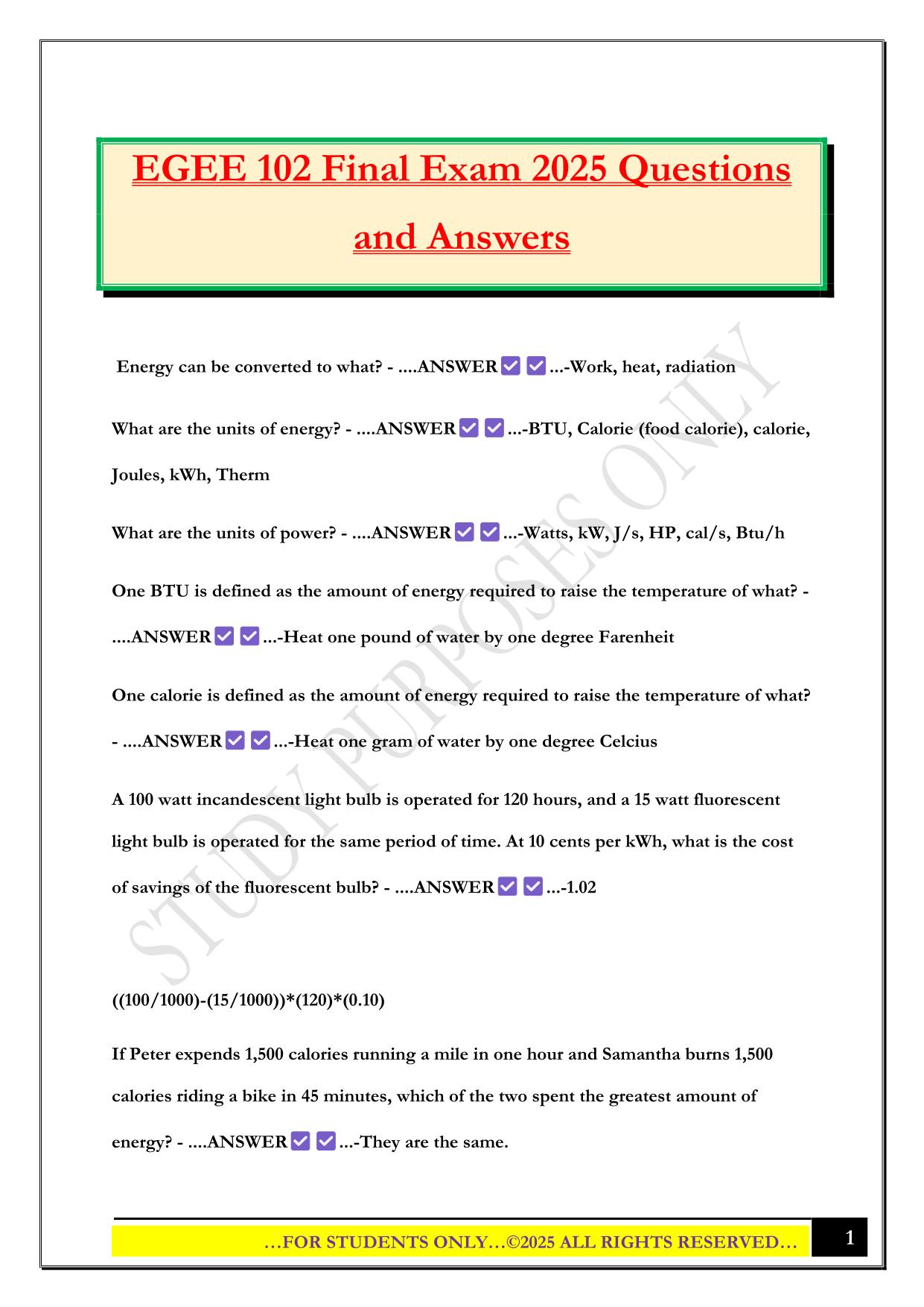 EGEE 102 Final Exam 2025 Questions and Answers