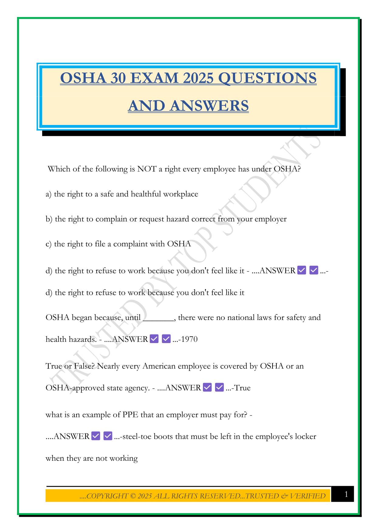 OSHA 30 EXAM 2025 QUESTIONS AND ANSWERS