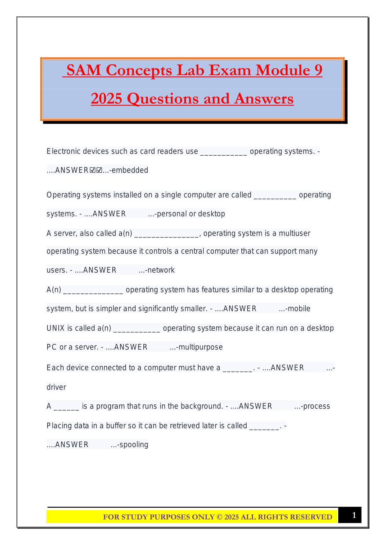 SAM Concepts Lab Exam Module 9 2025 Questions and Answers