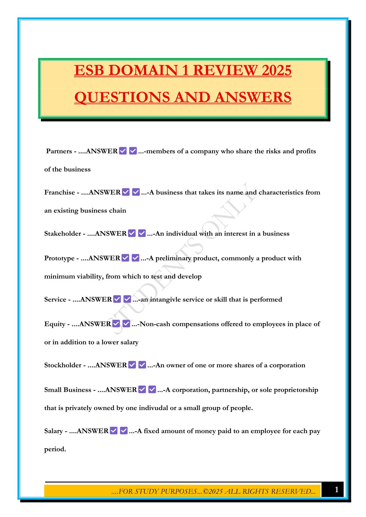 ESB DOMAIN 1 REVIEW 2025 QUESTIONS AND ANSWERS