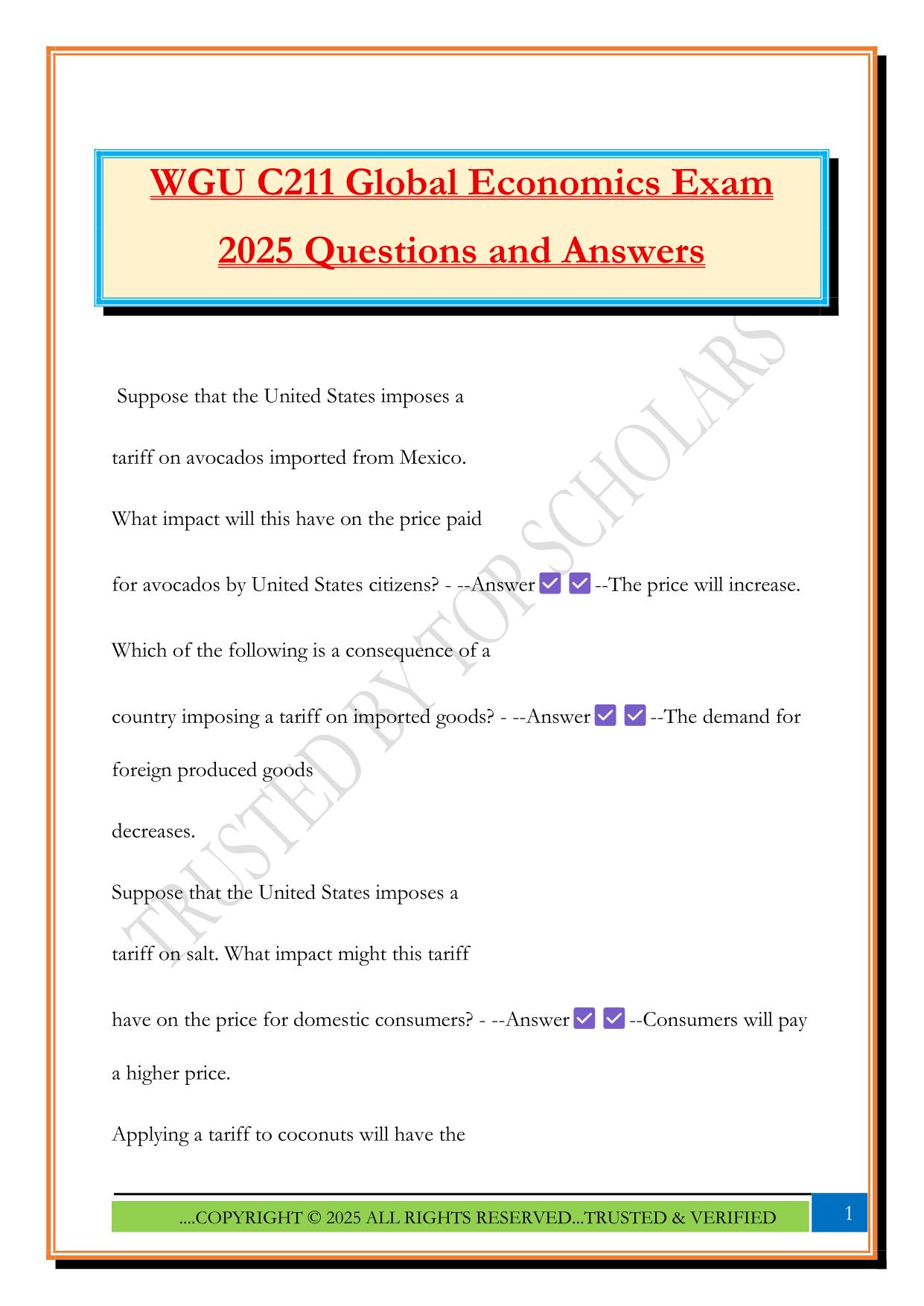 WGU C211 Global Economics Exam 2025 Questions and Answers