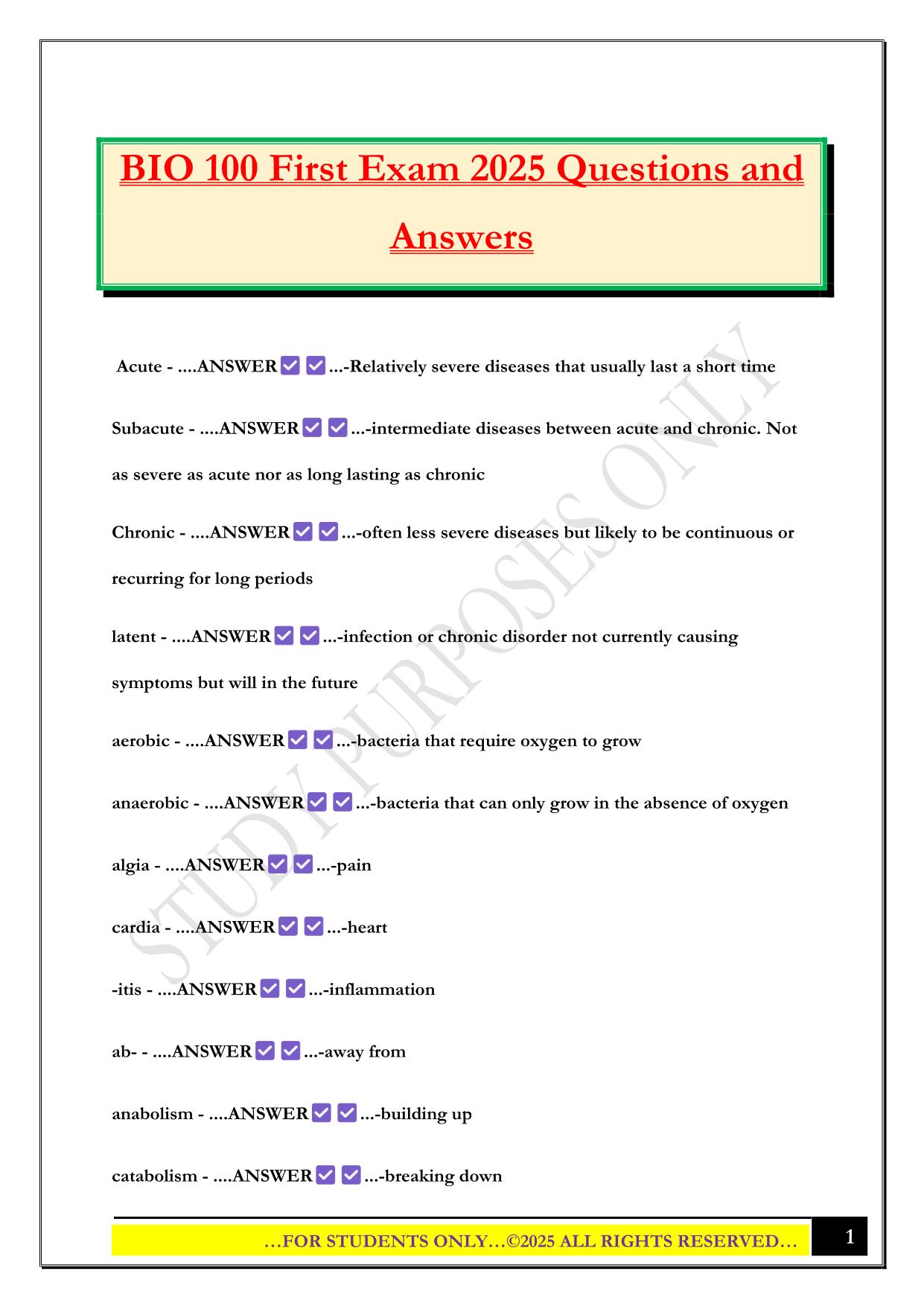 BIO 100 First Exam 2025 Questions and Answers