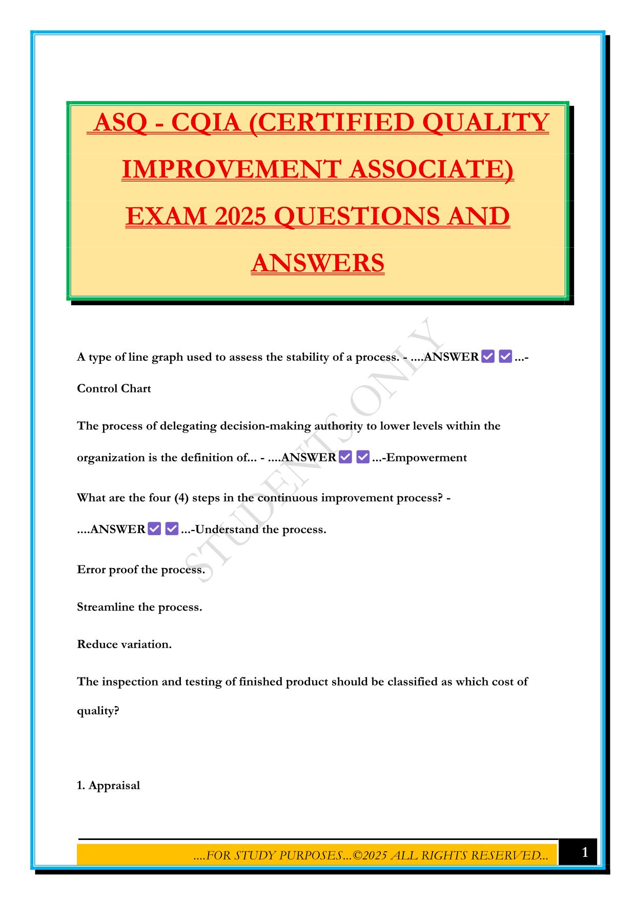ASQ - CQIA (CERTIFIED QUALITY IMPROVEMENT ASSOCIATE) EXAM 2025 QUESTIONS AND ANSWERS