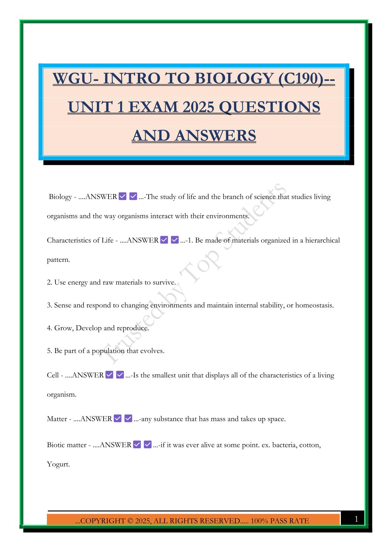WGU- INTRO TO BIOLOGY (C190)-- UNIT 1 EXAM 2025 QUESTIONS AND ANSWERS