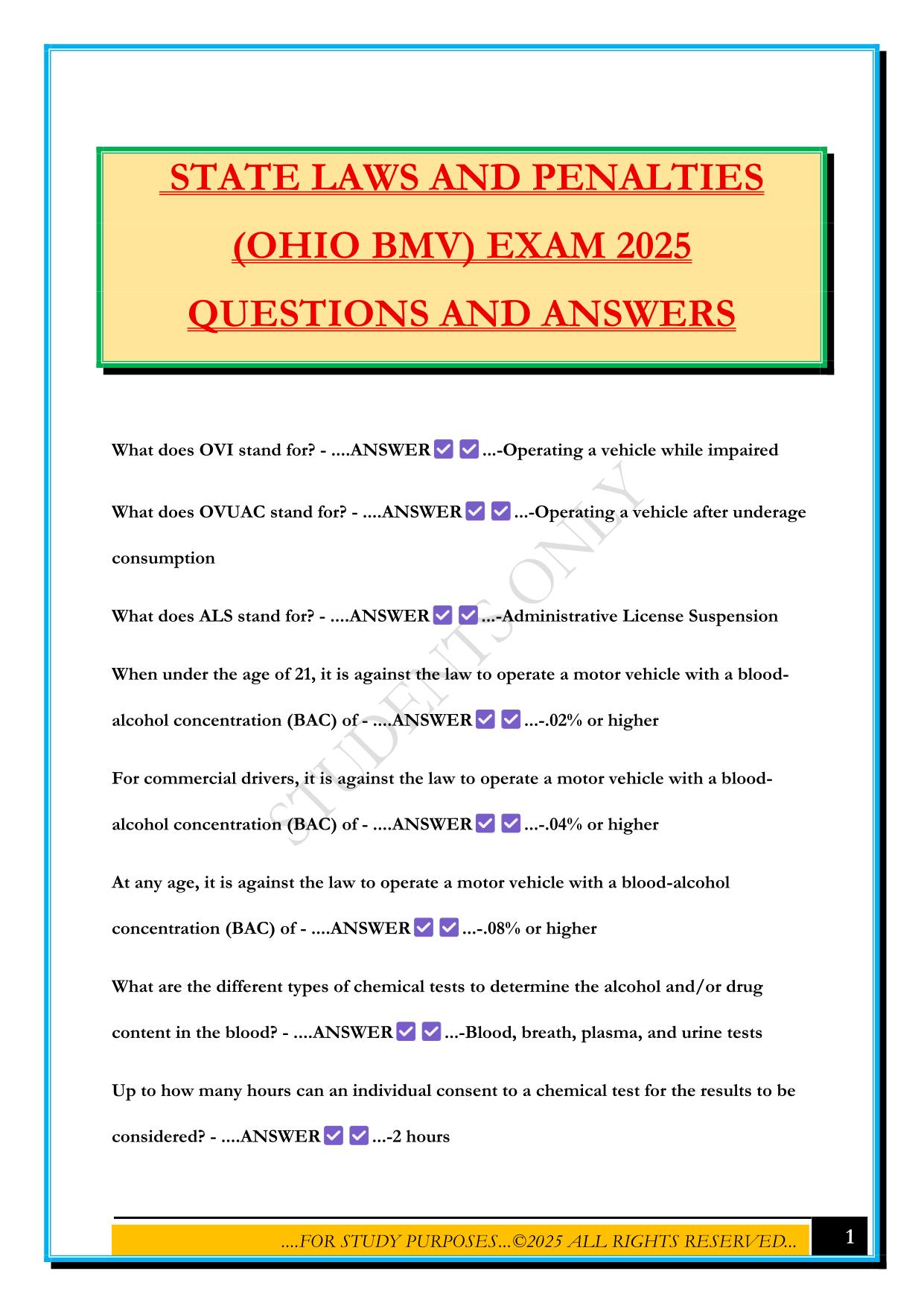 STATE LAWS AND PENALTIES (OHIO BMV) EXAM 2025 QUESTIONS AND ANSWERS