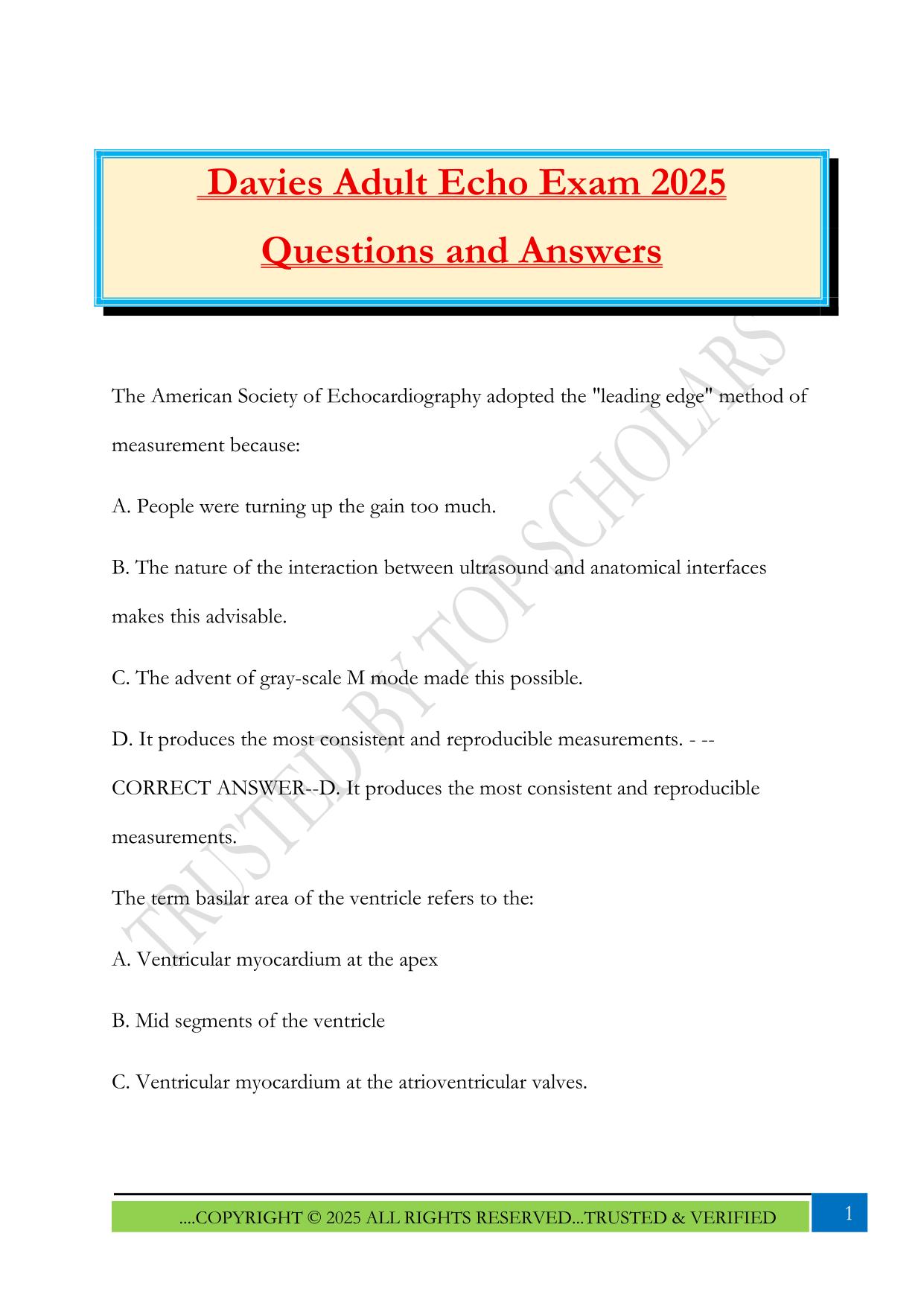 Davies Adult Echo Exam 2025 Questions and Answers