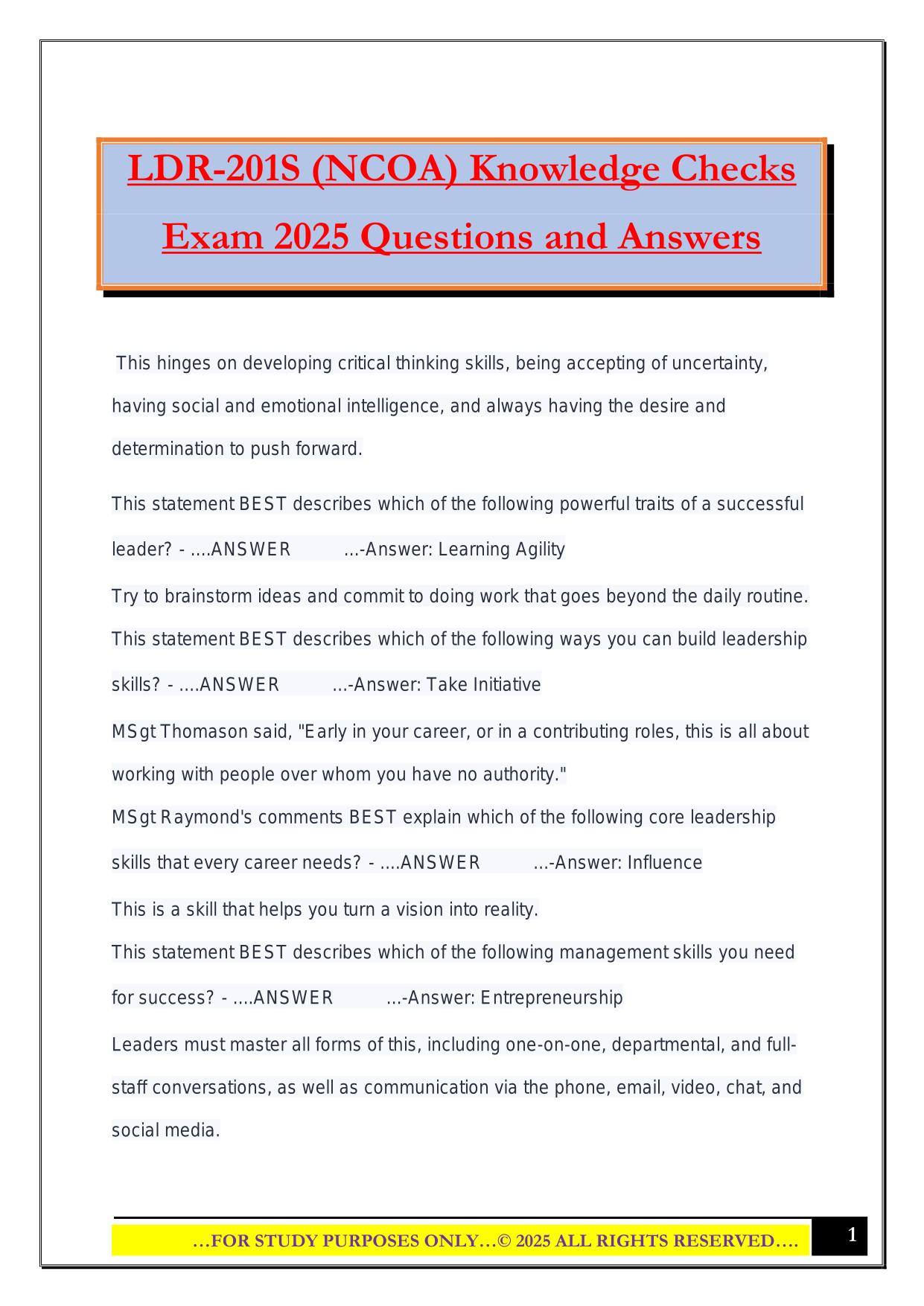 LDR-201S (NCOA) Knowledge Checks Exam 2025 Questions and Answers