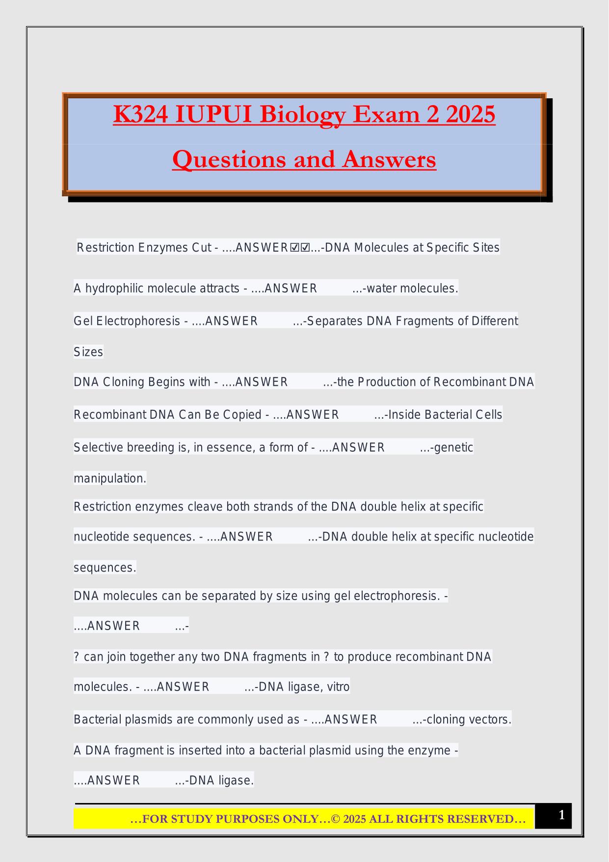 K324 IUPUI Biology Exam 2 2025 Questions and Answers