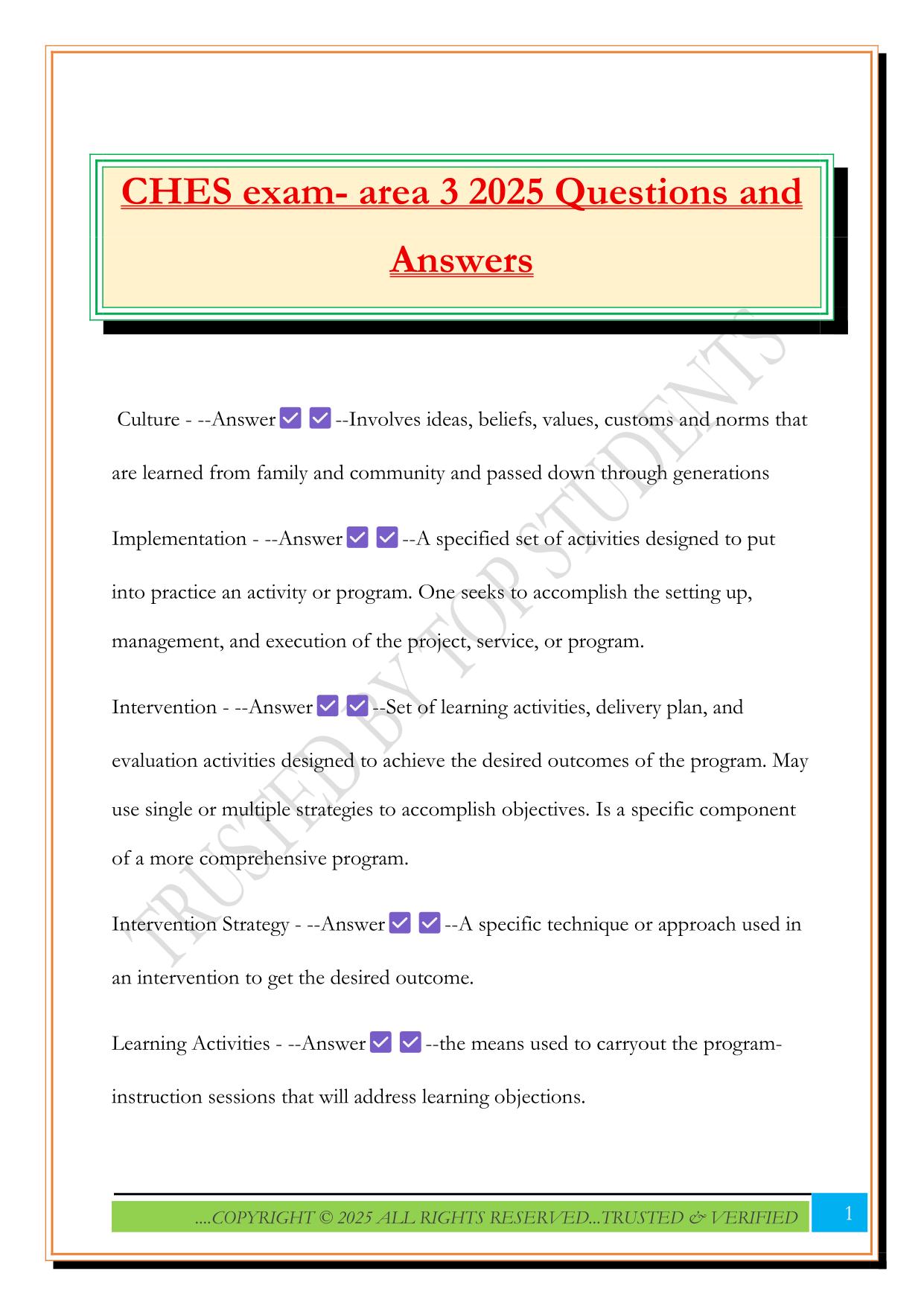 CHES exam- area 3 2025 Questions and Answers