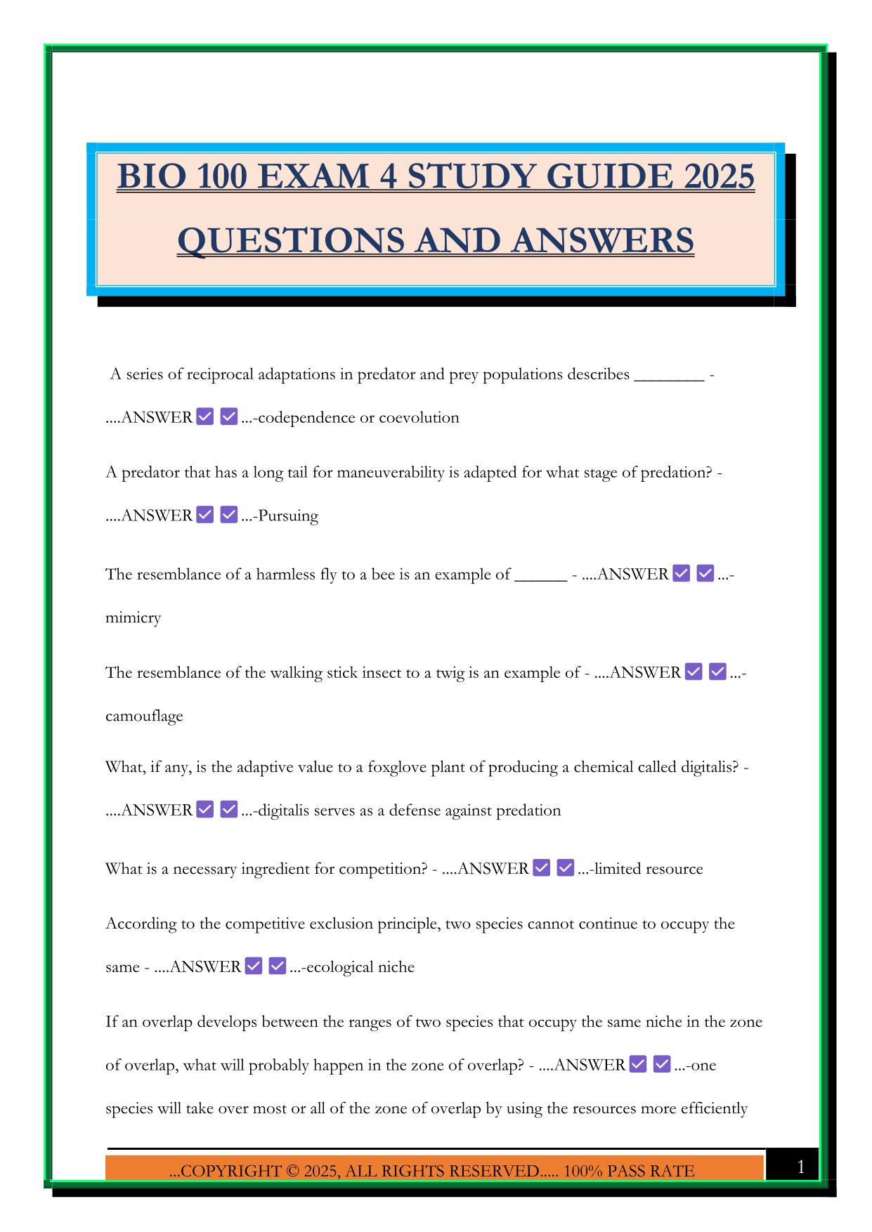 BIO 100 EXAM 4 STUDY GUIDE 2025 QUESTIONS AND ANSWERS