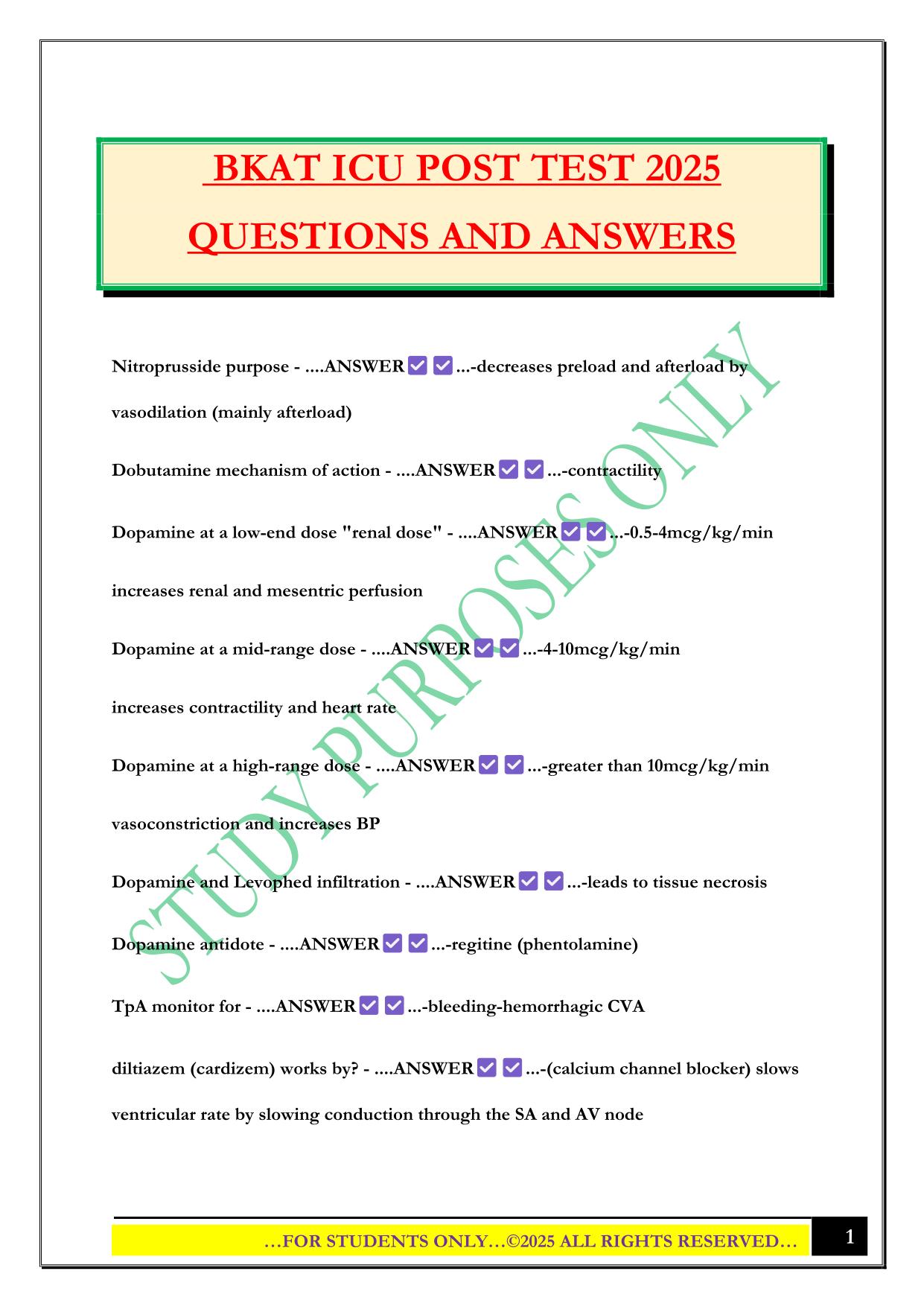 BKAT ICU POST TEST 2025 QUESTIONS AND ANSWERS