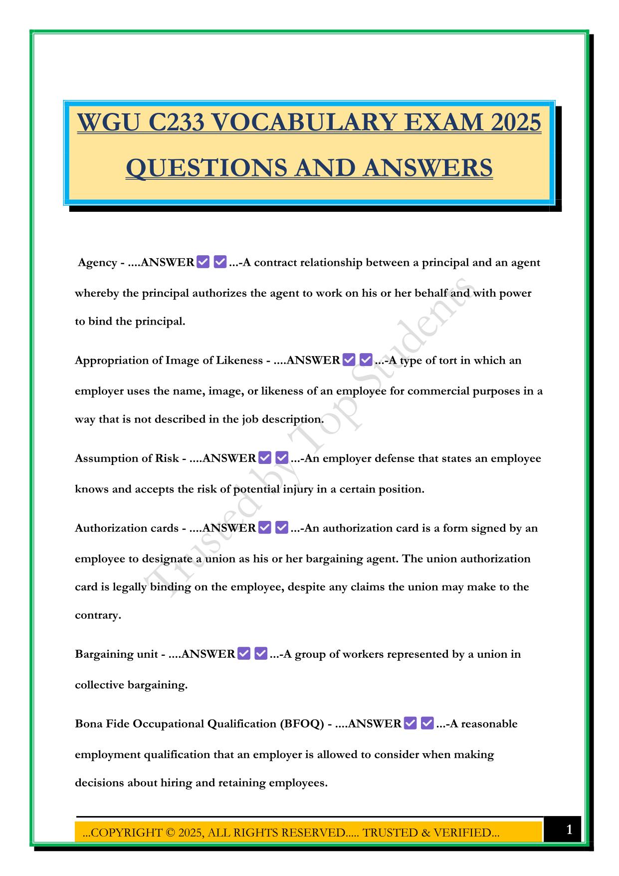 WGU C233 VOCABULARY EXAM 2025 QUESTIONS AND ANSWERS