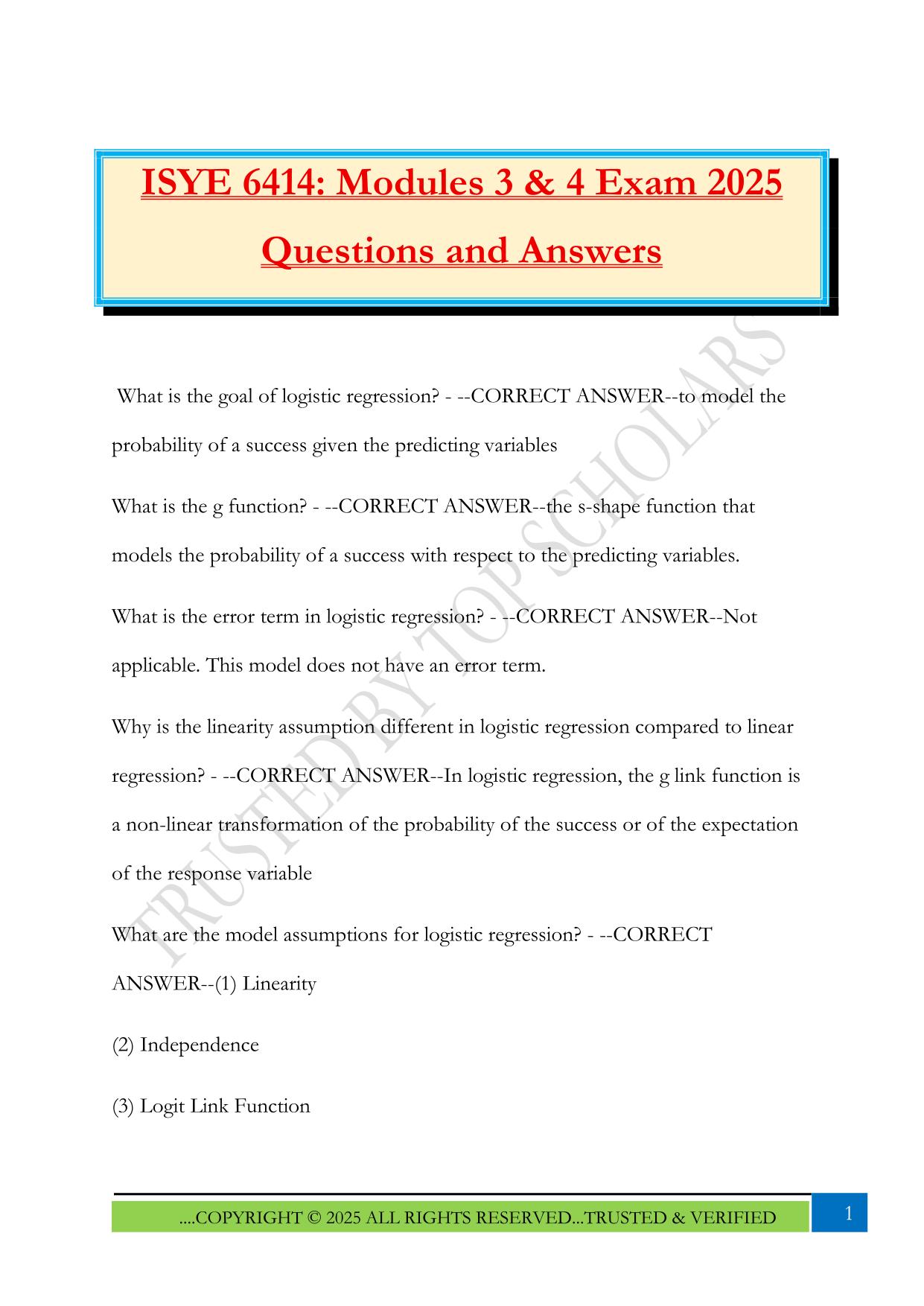 ISYE 6414: Modules 3 & 4 Exam 2025 Questions and Answers