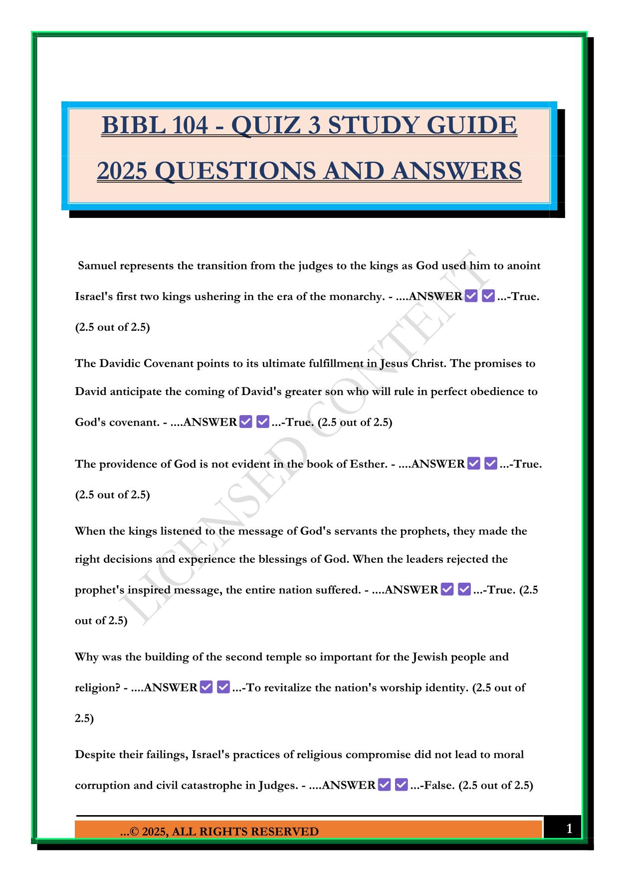 BIBL 104 - QUIZ 3 STUDY GUIDE 2025 QUESTIONS AND ANSWERS